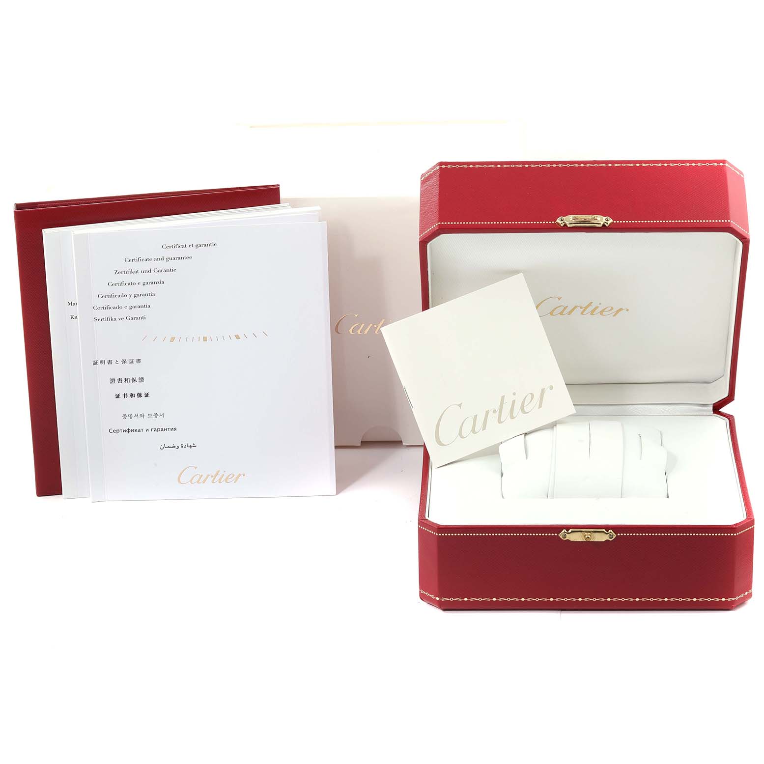 The image shows the packaging and documentation for a Cartier Tank Solo W5200013 Women's Stainless Steel Silver Dial W5200013 Women's Stainless Steel Silver Dial watch, including the box, manuals, and certificates.