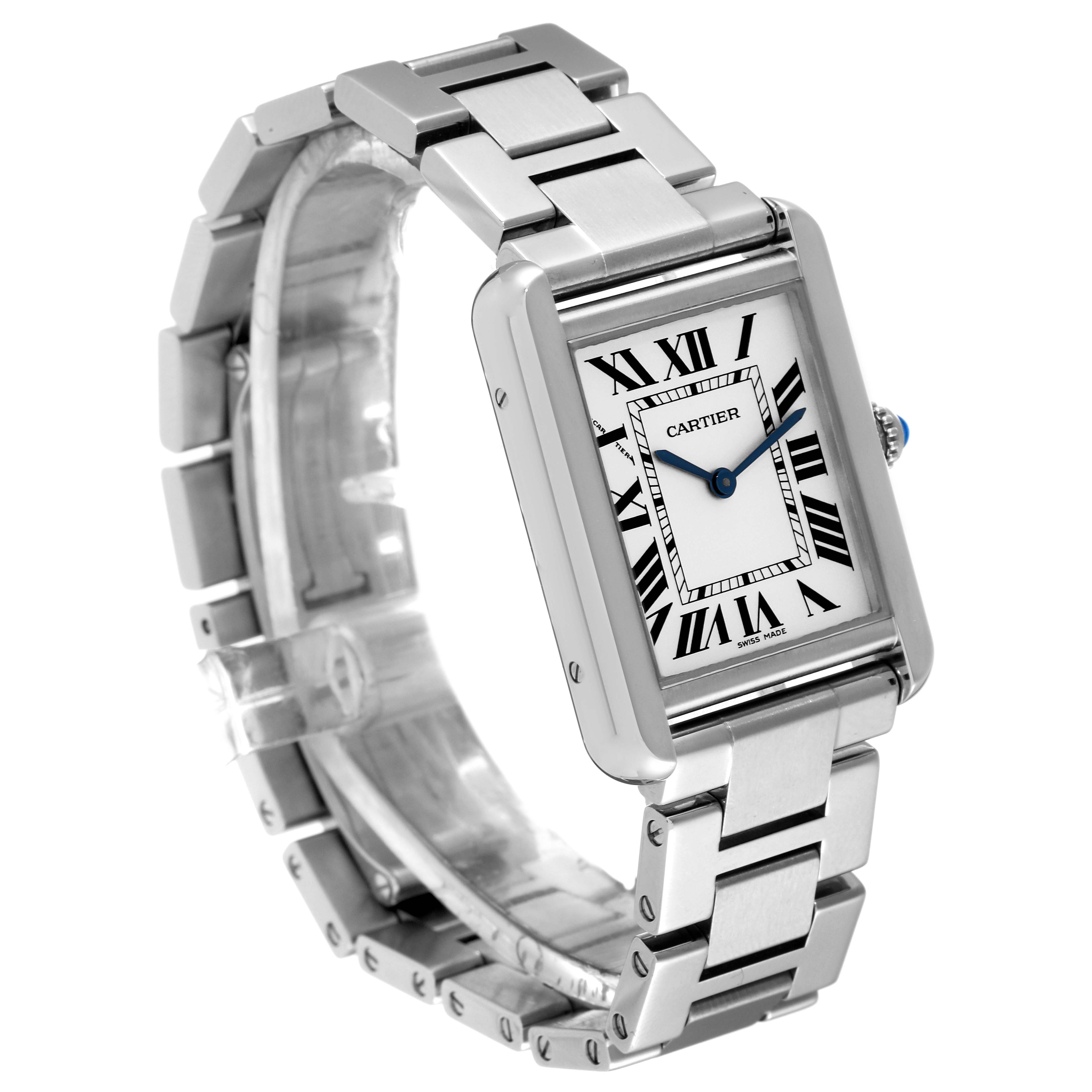 The image shows a Cartier Tank Solo W5200013 Women's Stainless Steel Silver Dial W5200013 Women's Stainless Steel Silver Dial watch at a three-quarter angle, highlighting its stainless steel bracelet and rectangular face with Roman numerals.
