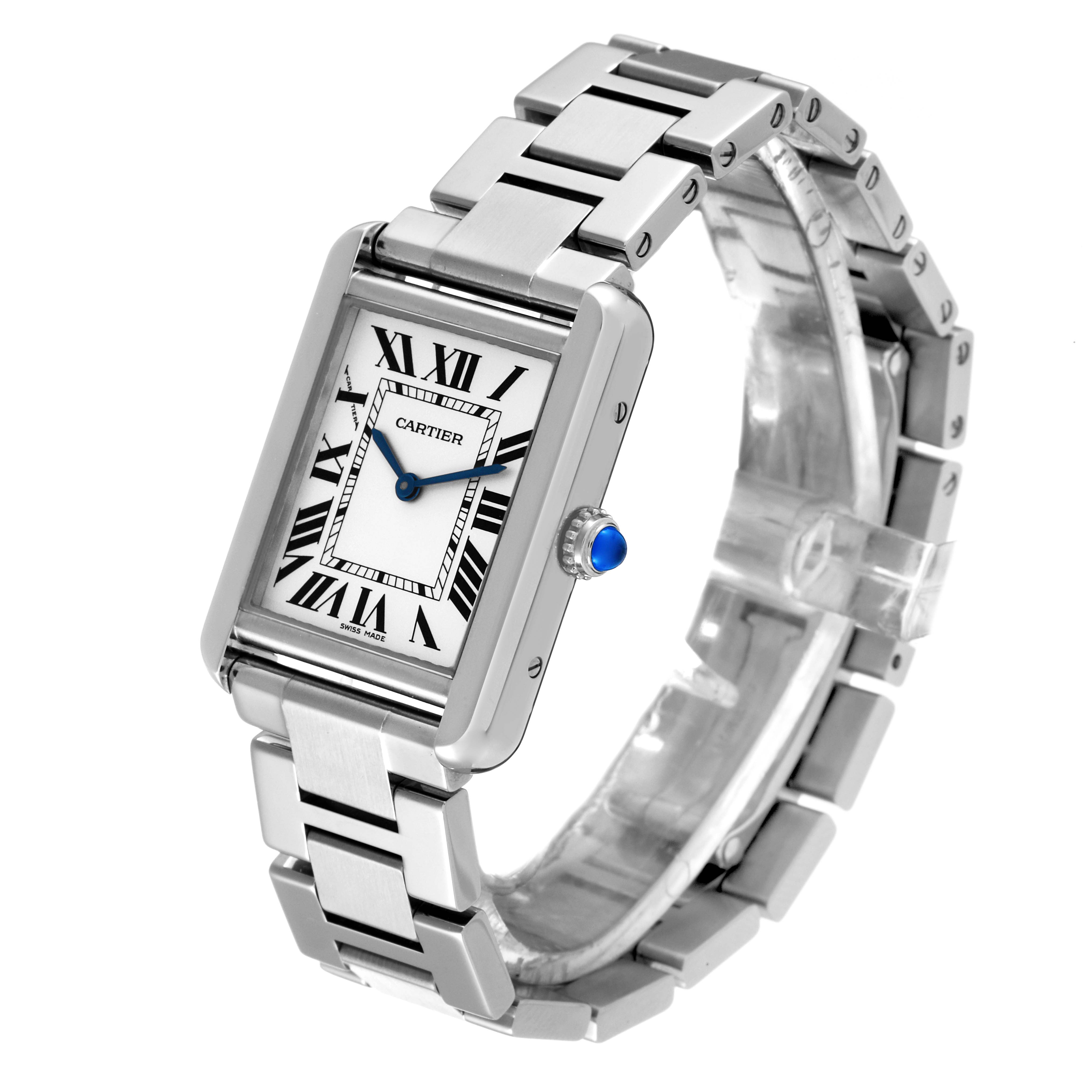This image shows a close-up angled view of the Cartier Tank Solo W5200013 Women's Stainless Steel Silver Dial W5200013 Women's Stainless Steel Silver Dial watch, featuring its rectangular face and stainless steel bracelet.