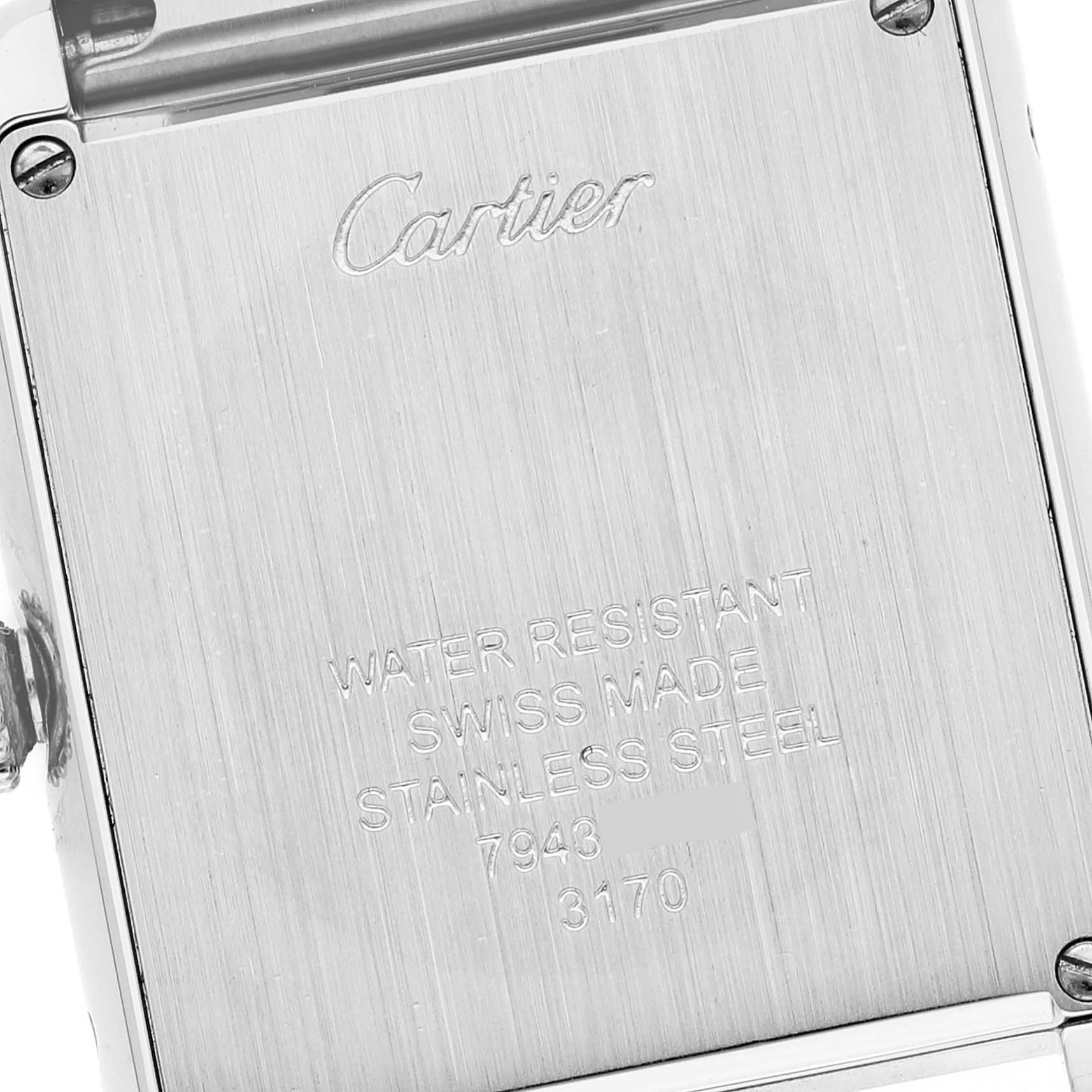 The image shows the back case of a Cartier Tank Solo W5200013 Women's Stainless Steel Silver Dial W5200013 Women's Stainless Steel Silver Dial watch, highlighting the engravings and material details.