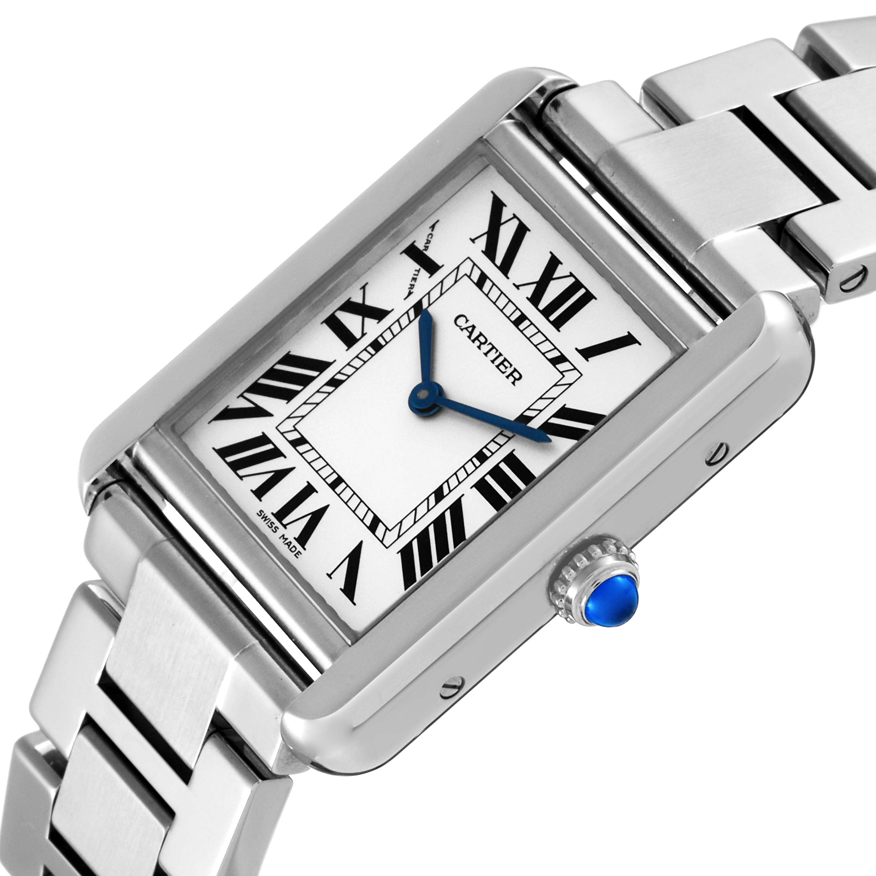 This image shows a Cartier Tank Solo W5200013 Women's Stainless Steel Silver Dial W5200013 Women's Stainless Steel Silver Dial watch at an angled view, highlighting the face, Roman numeral markers, blue hands, and stainless steel bracelet.