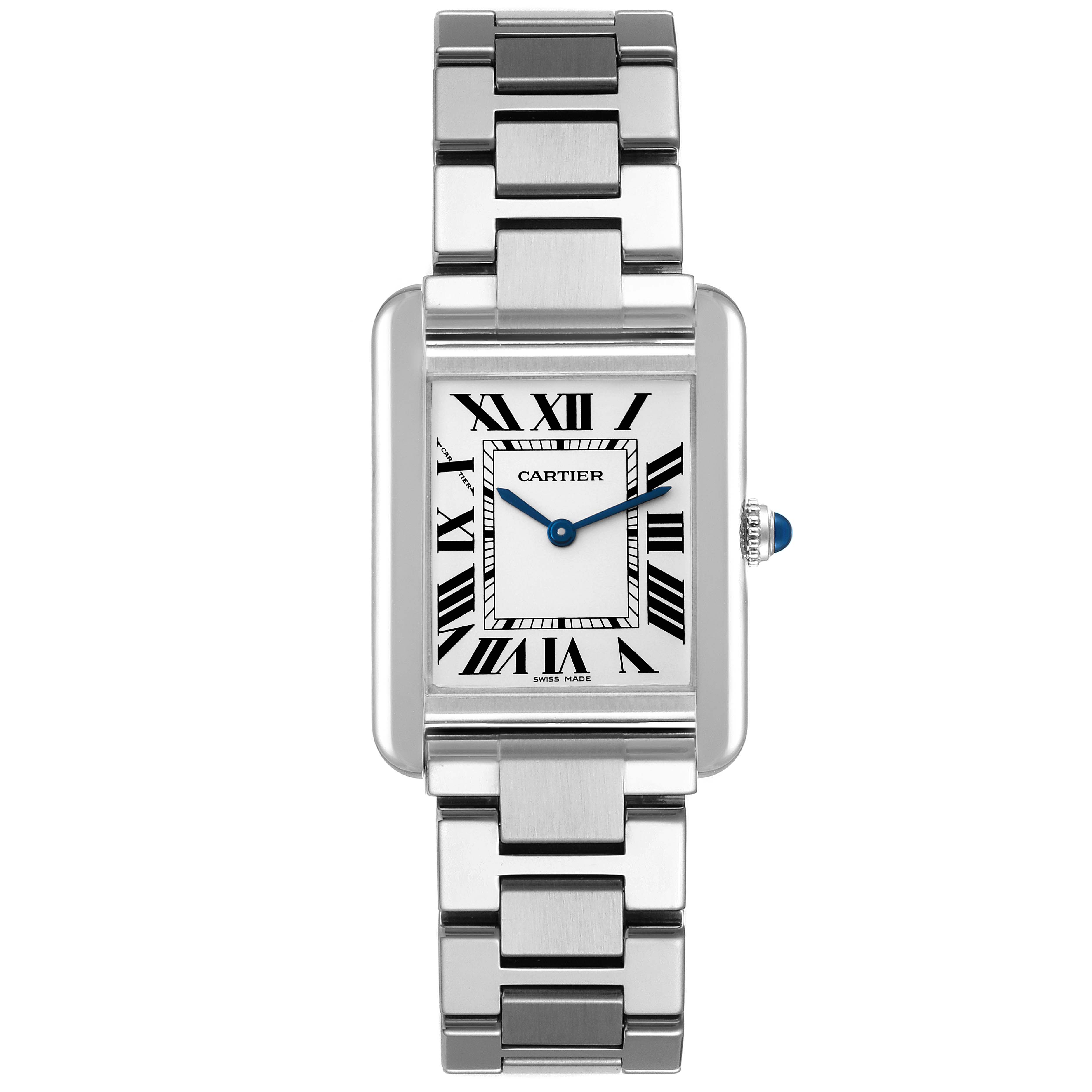 The image shows a front view of the Cartier Tank Solo W5200013 Women's Stainless Steel Silver Dial W5200013 Women's Stainless Steel Silver Dial watch, highlighting its rectangular face, Roman numerals, and metal bracelet.