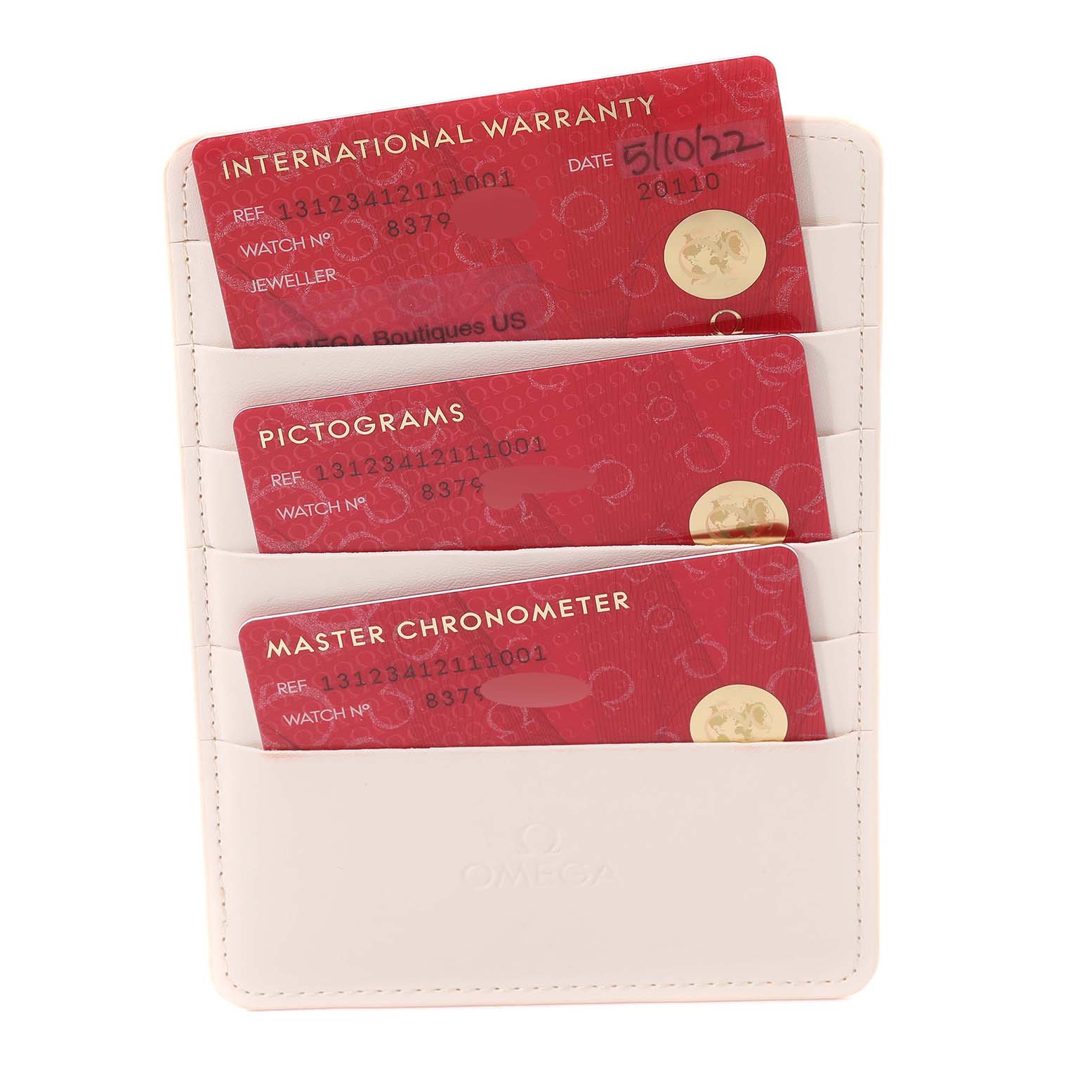 The image shows the international warranty, pictograms, and master chronometer cards for the Omega Constellation 131.23.41.21.11.001 Men's Steel and Gold (two tone) Red Dial 131.23.41.21.11.001 Men's Steel and Gold (two tone) Red Dial model.