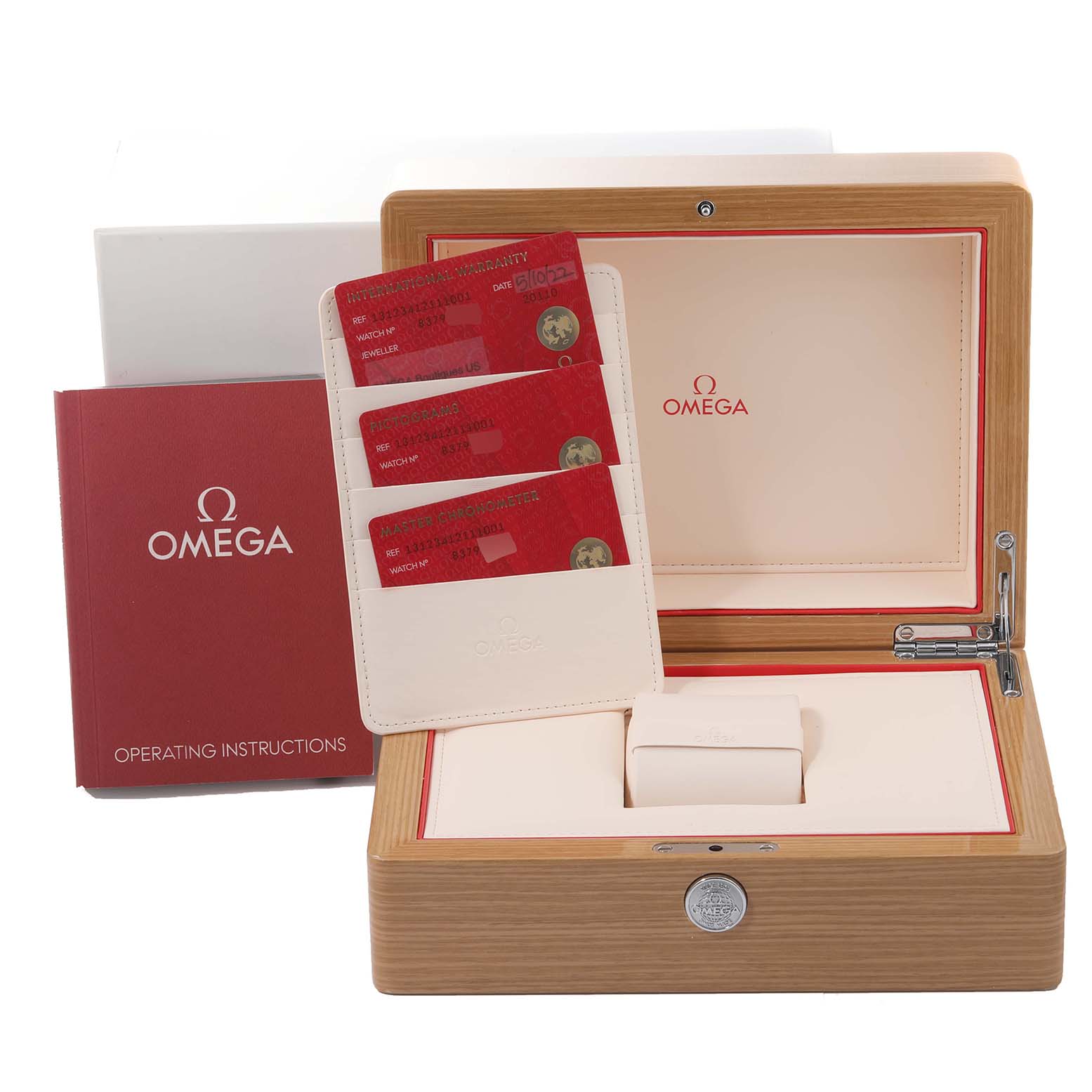 The image shows an Omega Constellation 131.23.41.21.11.001 Men's Steel and Gold (two tone) Red Dial 131.23.41.21.11.001 Men's Steel and Gold (two tone) Red Dial watch box, operating instructions, warranty cards, and cardholder at an angle displaying all contents.