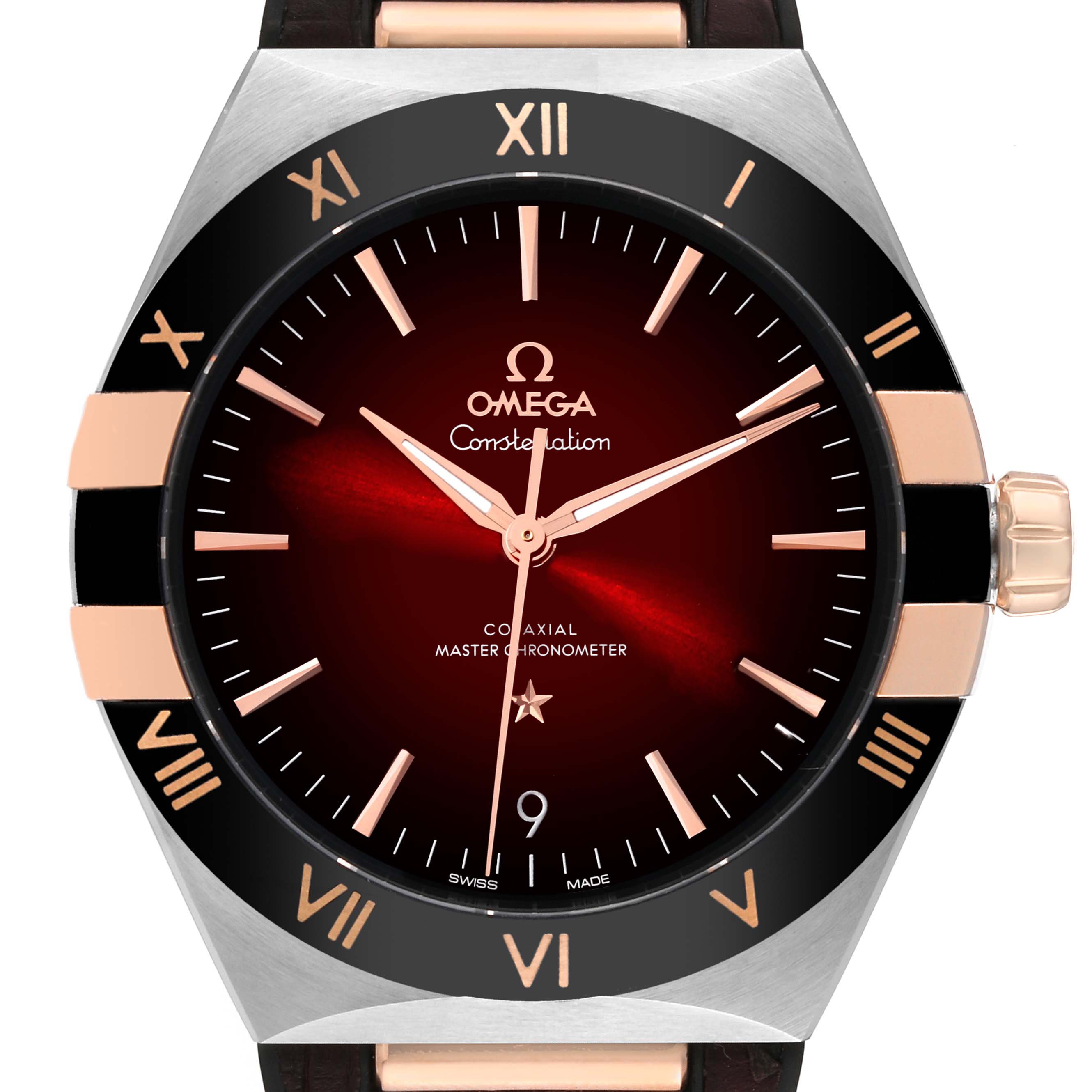 The image shows a frontal view of the Omega Constellation 131.23.41.21.11.001 Men's Steel and Gold (two tone) Red Dial 131.23.41.21.11.001 Men's Steel and Gold (two tone) Red Dial watch, highlighting the dial, hands, and bezel.
