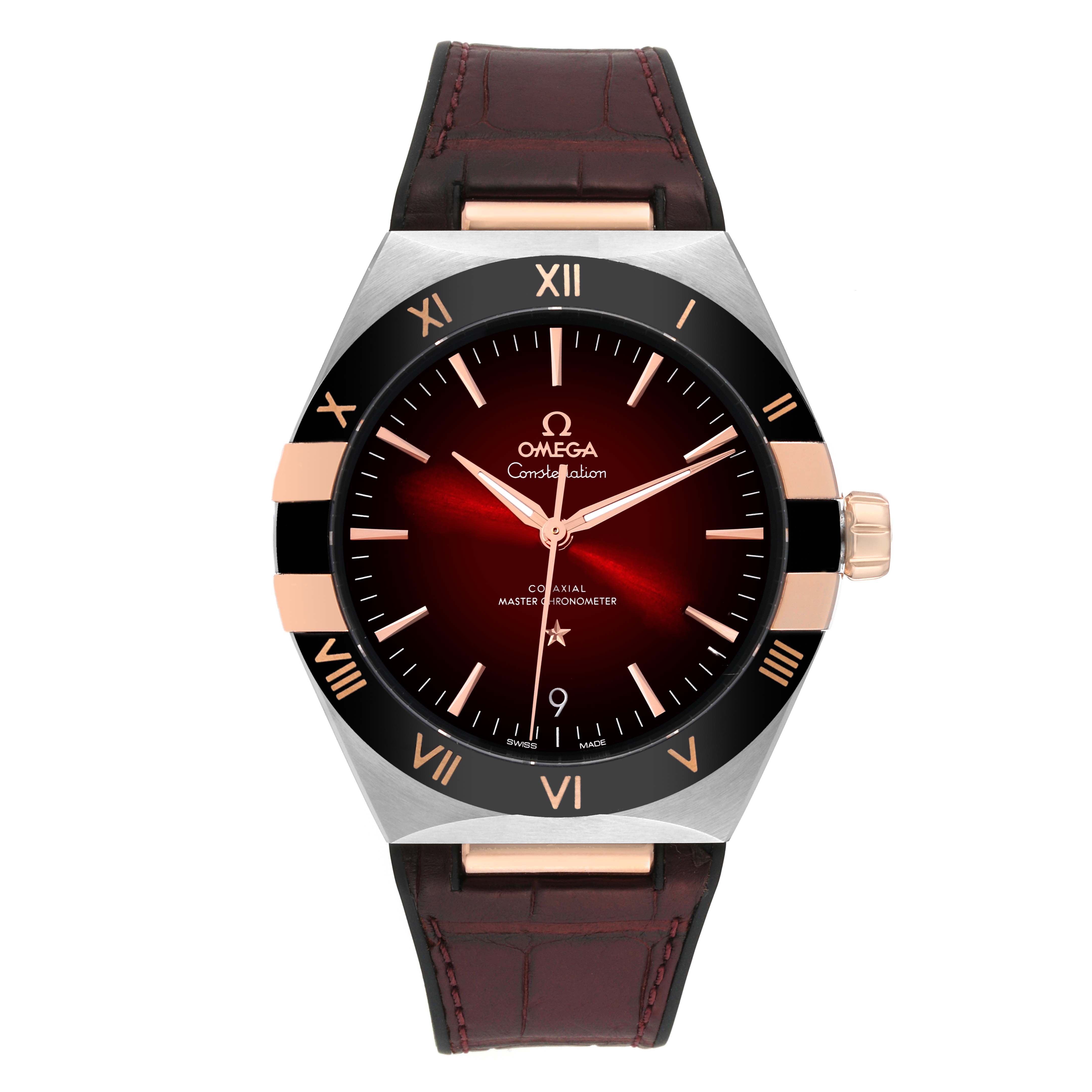 The image shows a straight-on view of the Omega Constellation 131.23.41.21.11.001 Men's Steel and Gold (two tone) Red Dial 131.23.41.21.11.001 Men's Steel and Gold (two tone) Red Dial watch, featuring its dial, bezel, crown, and leather strap.