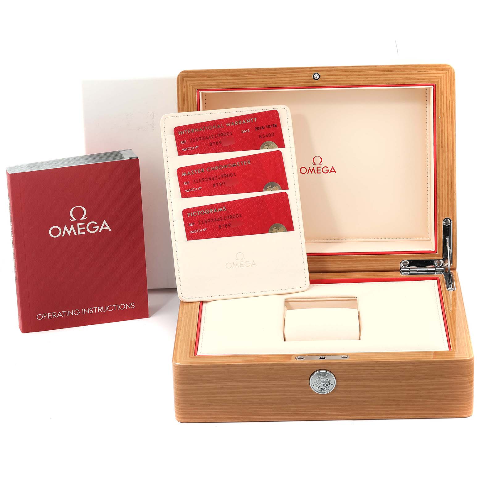 The image shows the Omega Planet Ocean 215.92.44.21.99.001 Men's Titanium Grey Dial 215.92.44.21.99.001 Men's Titanium Grey Dial watch box, warranty cards, instruction manual, and card holder from a front angle.