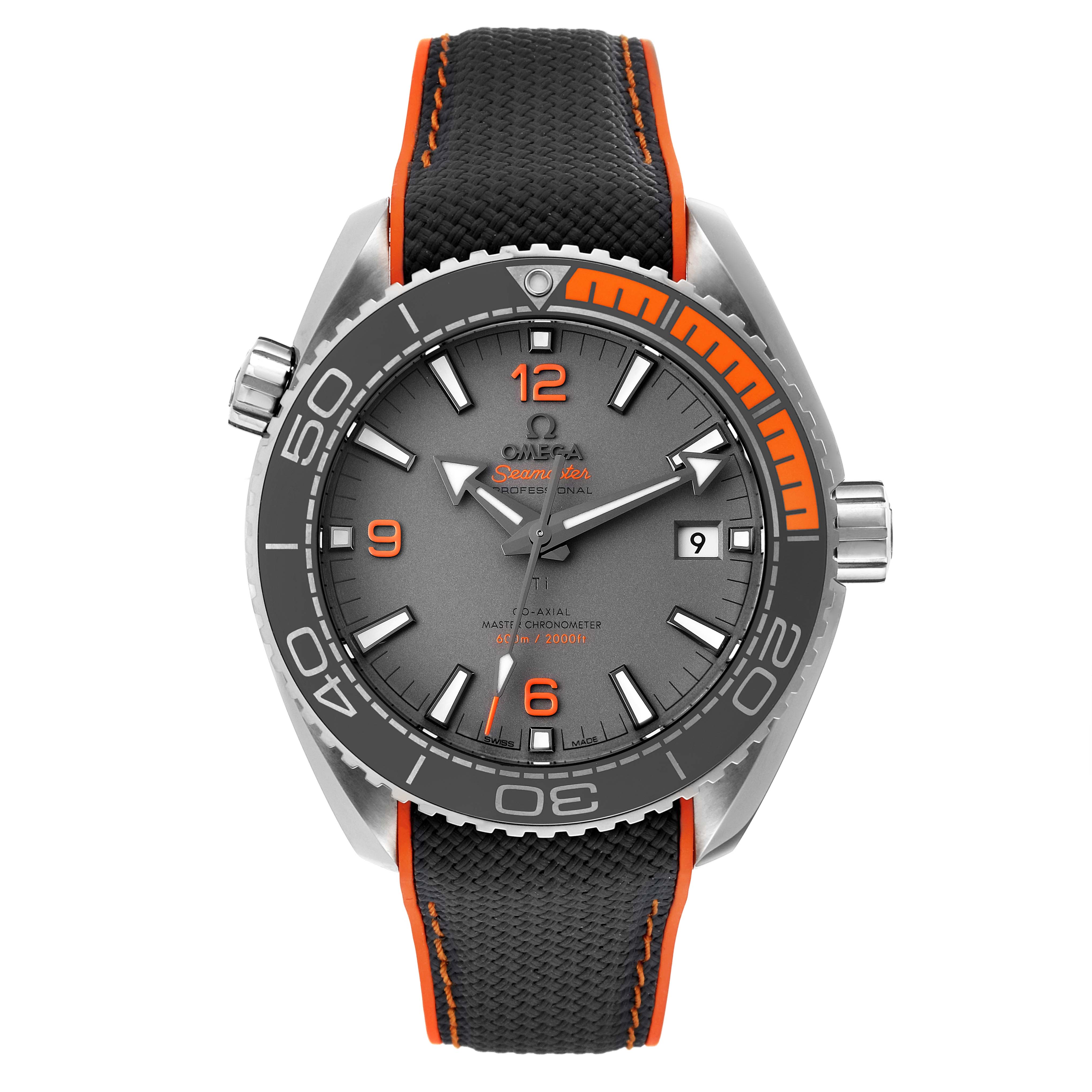 The image shows the Omega Planet Ocean 215.92.44.21.99.001 Men's Titanium Grey Dial 215.92.44.21.99.001 Men's Titanium Grey Dial watch from a front angle, displaying its face, bezel, strap, and crown.