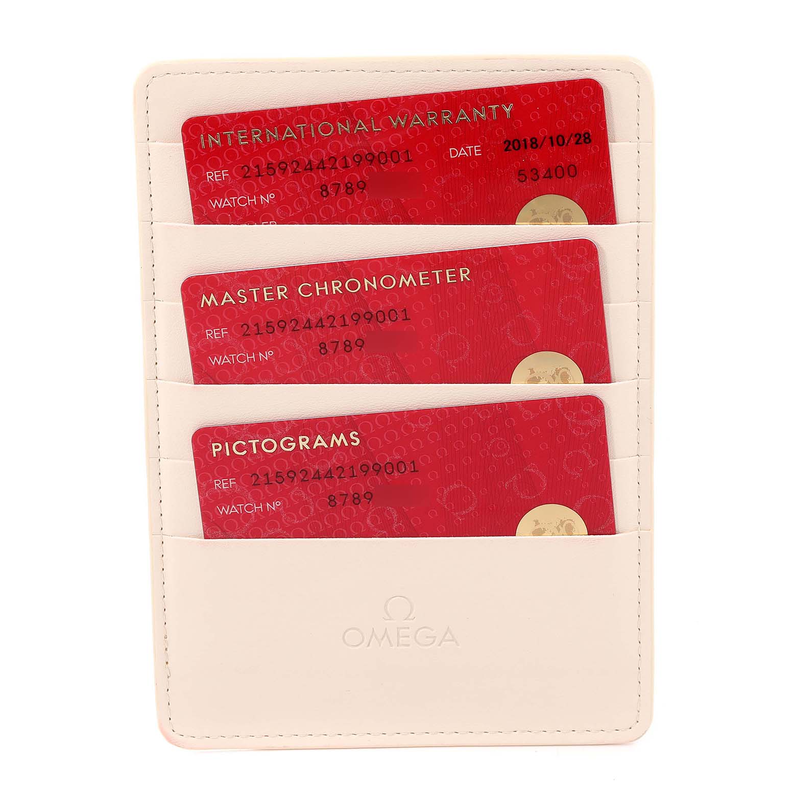 The image shows red International Warranty, Master Chronometer, and Pictograms cards for an Omega Planet Ocean 215.92.44.21.99.001 Men's Titanium Grey Dial 215.92.44.21.99.001 Men's Titanium Grey Dial model watch in a beige cardholder.