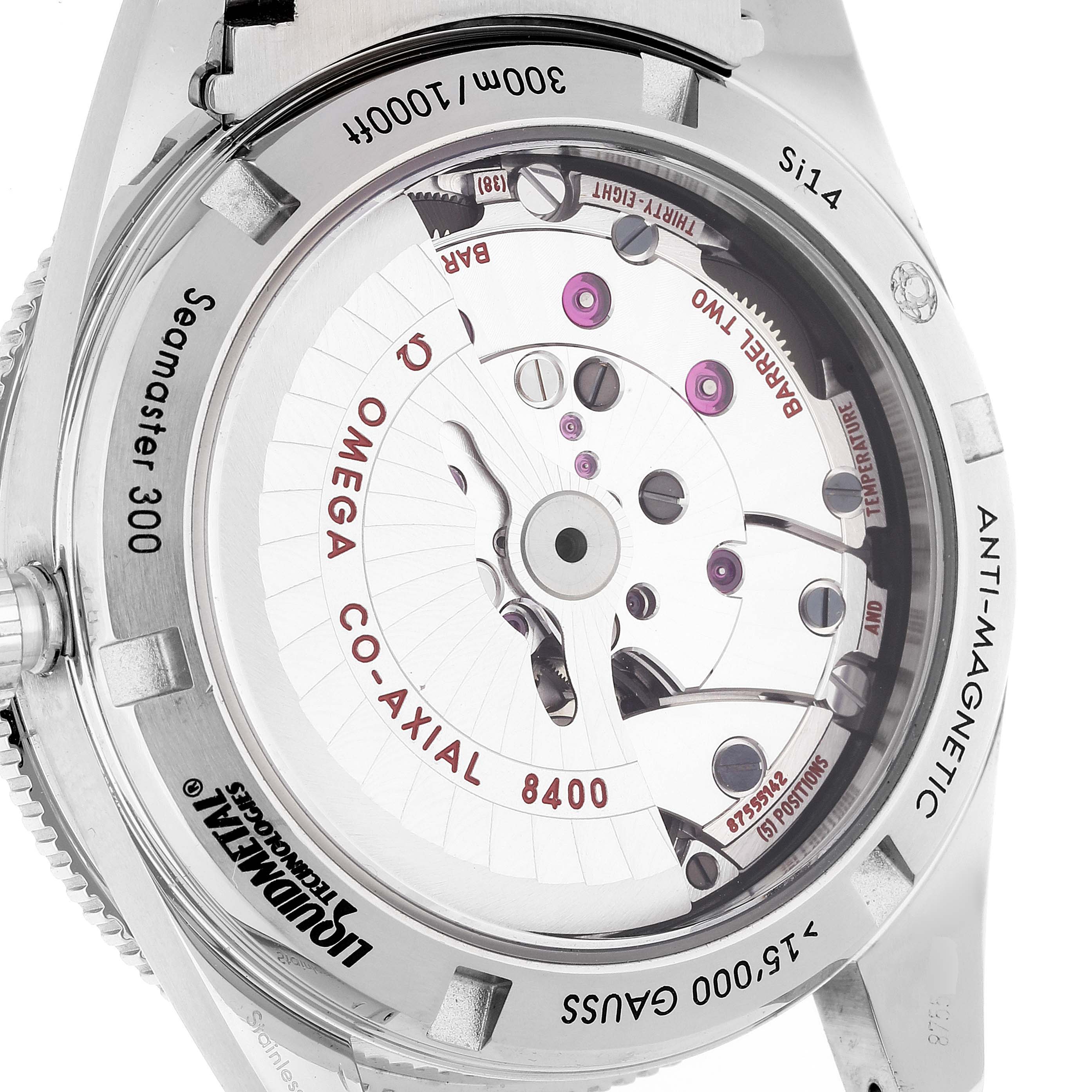 This image shows the back case of the Omega Seamaster 233.30.41.21.01.001 Men's Stainless Steel Black Dial 233.30.41.21.01.001 Men's Stainless Steel Black Dial 300, revealing the Co-Axial 8400 movement.