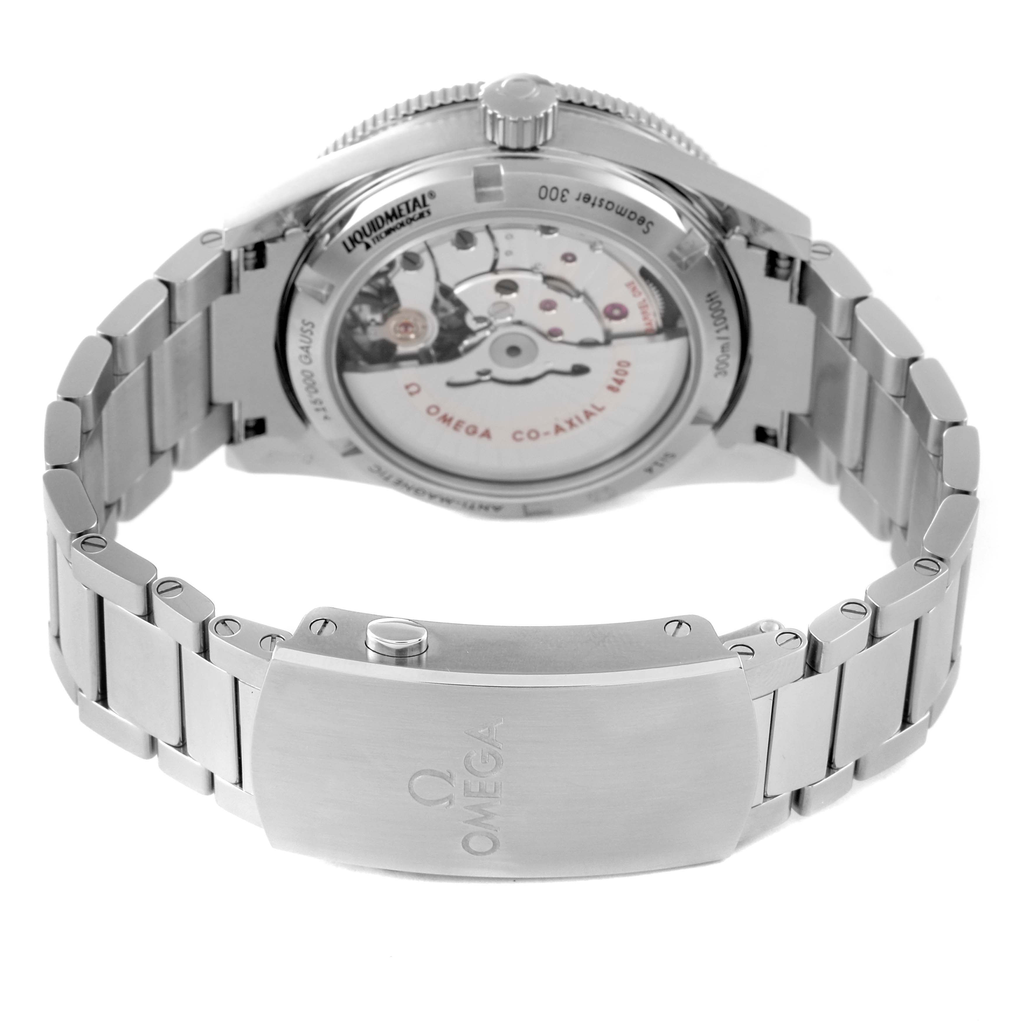 The image shows the back view of an Omega Seamaster 233.30.41.21.01.001 Men's Stainless Steel Black Dial 233.30.41.21.01.001 Men's Stainless Steel Black Dial watch, highlighting its case back and stainless steel bracelet.