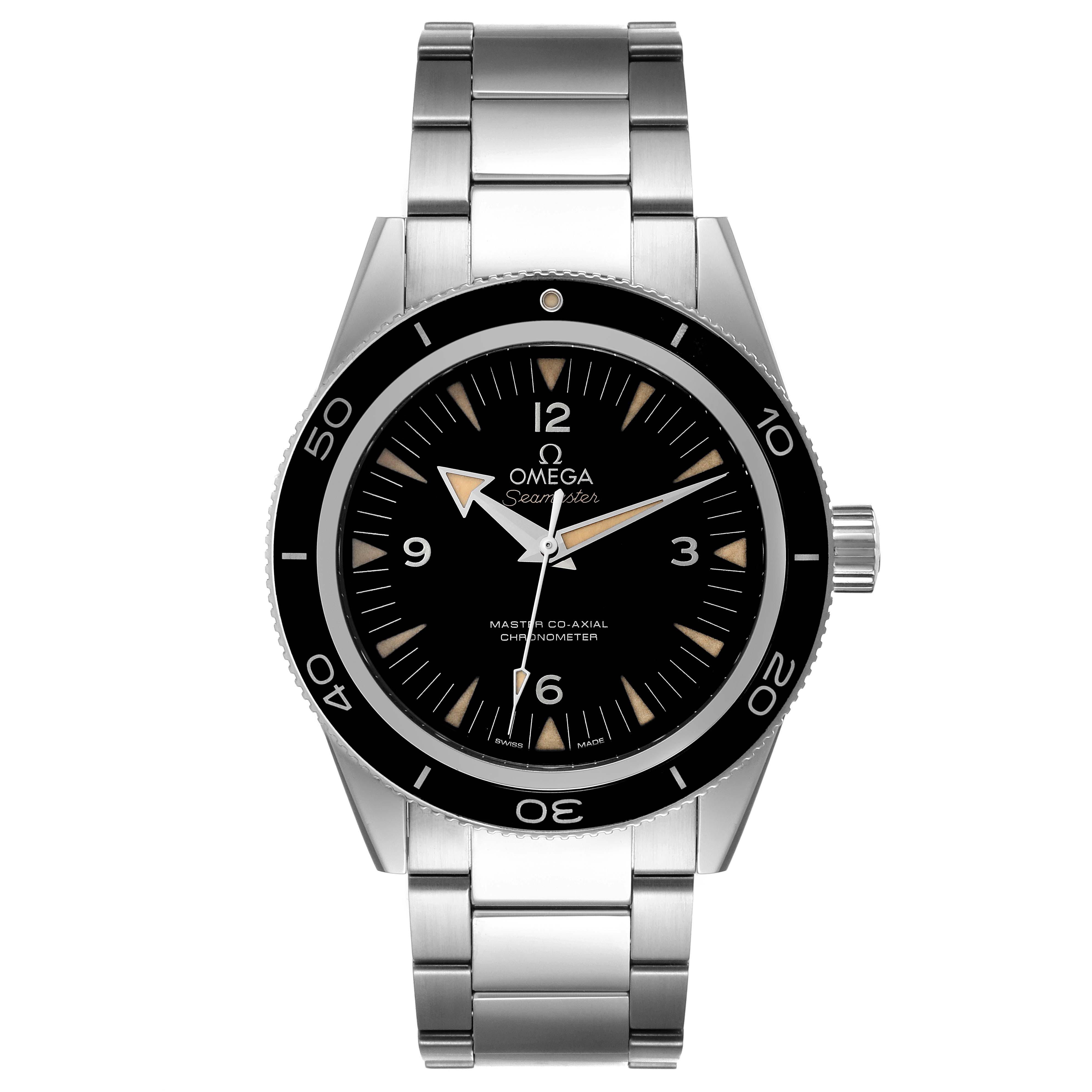 The Omega Seamaster 233.30.41.21.01.001 Men's Stainless Steel Black Dial 233.30.41.21.01.001 Men's Stainless Steel Black Dial watch is shown from a front angle, detailing the dial, bezel, bracelet, and crown.