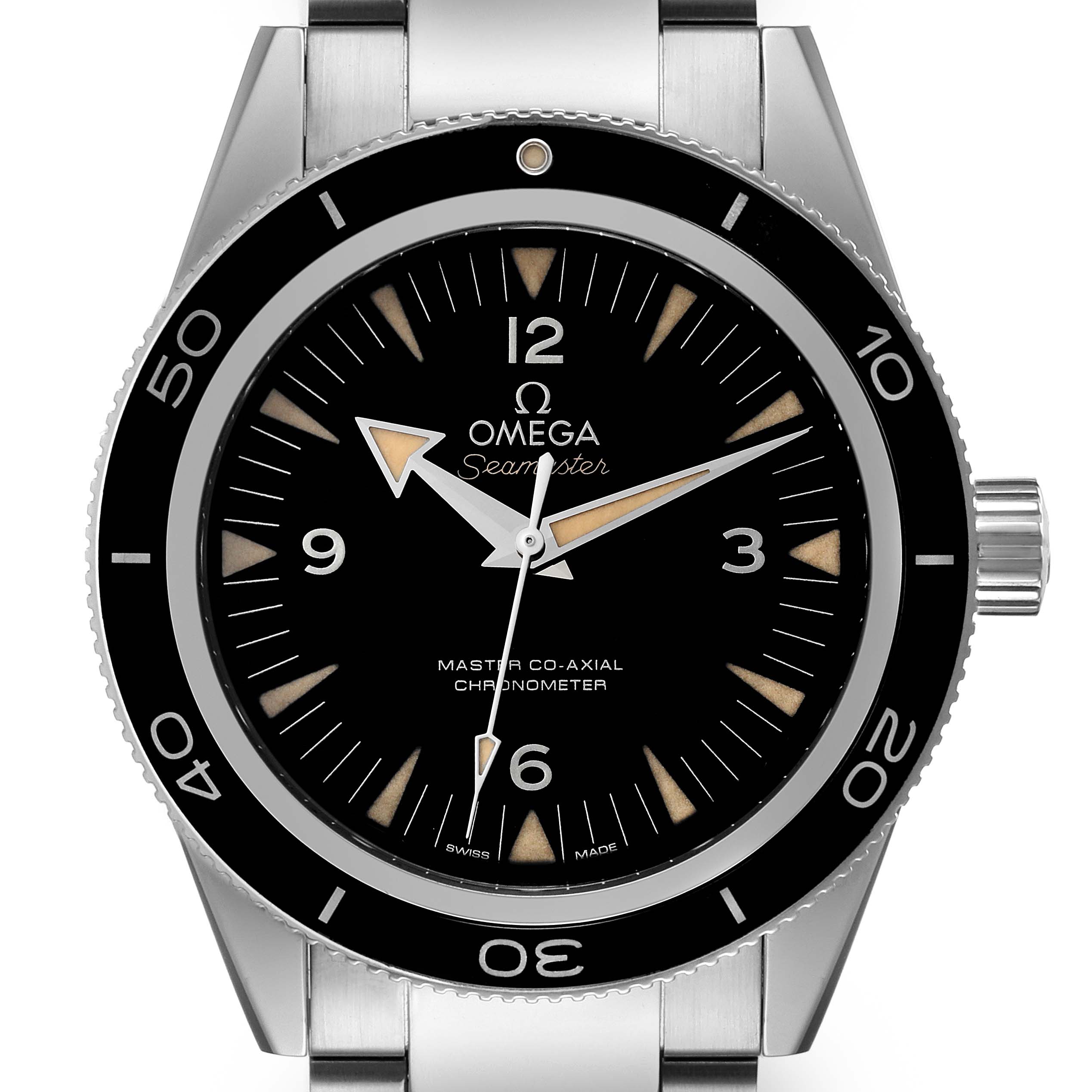 The image shows a front view of the Omega Seamaster 233.30.41.21.01.001 Men's Stainless Steel Black Dial 233.30.41.21.01.001 Men's Stainless Steel Black Dial watch, highlighting its black dial, indices, and rotating bezel.