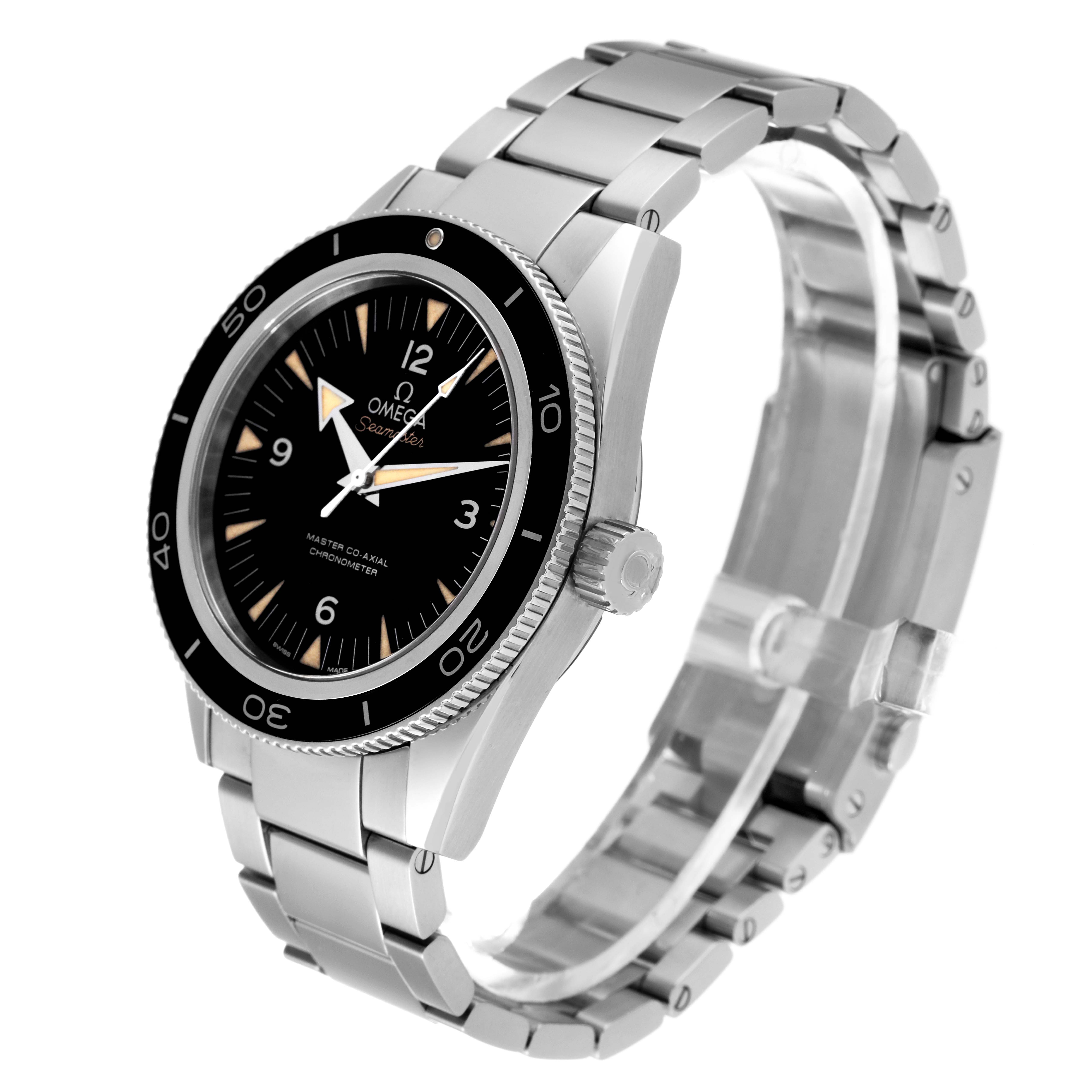 The image shows a side view of the Omega Seamaster 233.30.41.21.01.001 Men's Stainless Steel Black Dial 233.30.41.21.01.001 Men's Stainless Steel Black Dial watch, highlighting the bezel, crown, dial, and stainless steel bracelet.