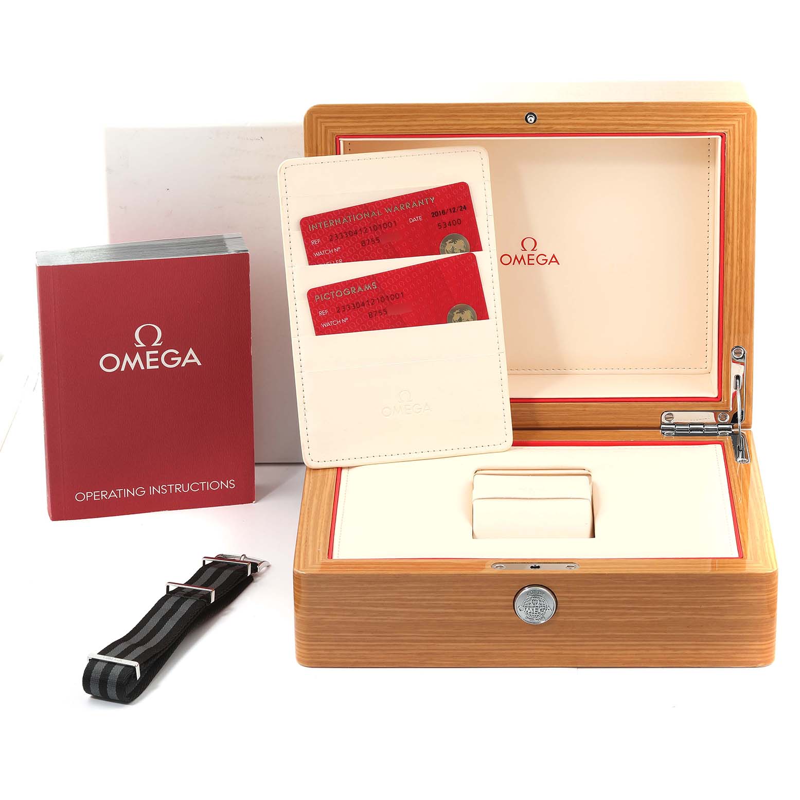 The image shows the Omega Seamaster 233.30.41.21.01.001 Men's Stainless Steel Black Dial 233.30.41.21.01.001 Men's Stainless Steel Black Dial watch accessories, including the box, warranty cards, manual, and a NATO strap.