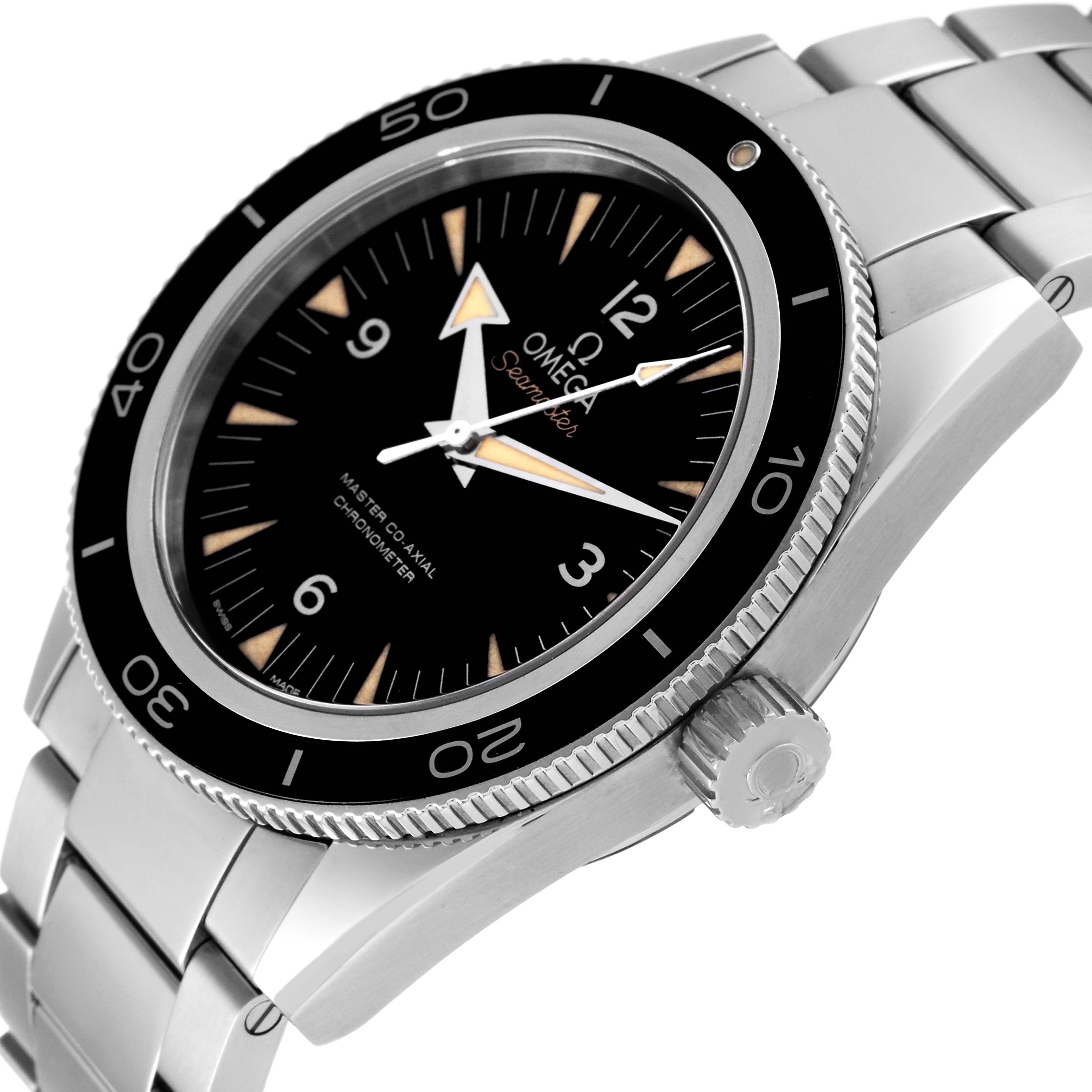 The Omega Seamaster 233.30.41.21.01.001 Men's Stainless Steel Black Dial 233.30.41.21.01.001 Men's Stainless Steel Black Dial watch is shown at an angled close-up, highlighting its face, bezel, crown, and metal bracelet.