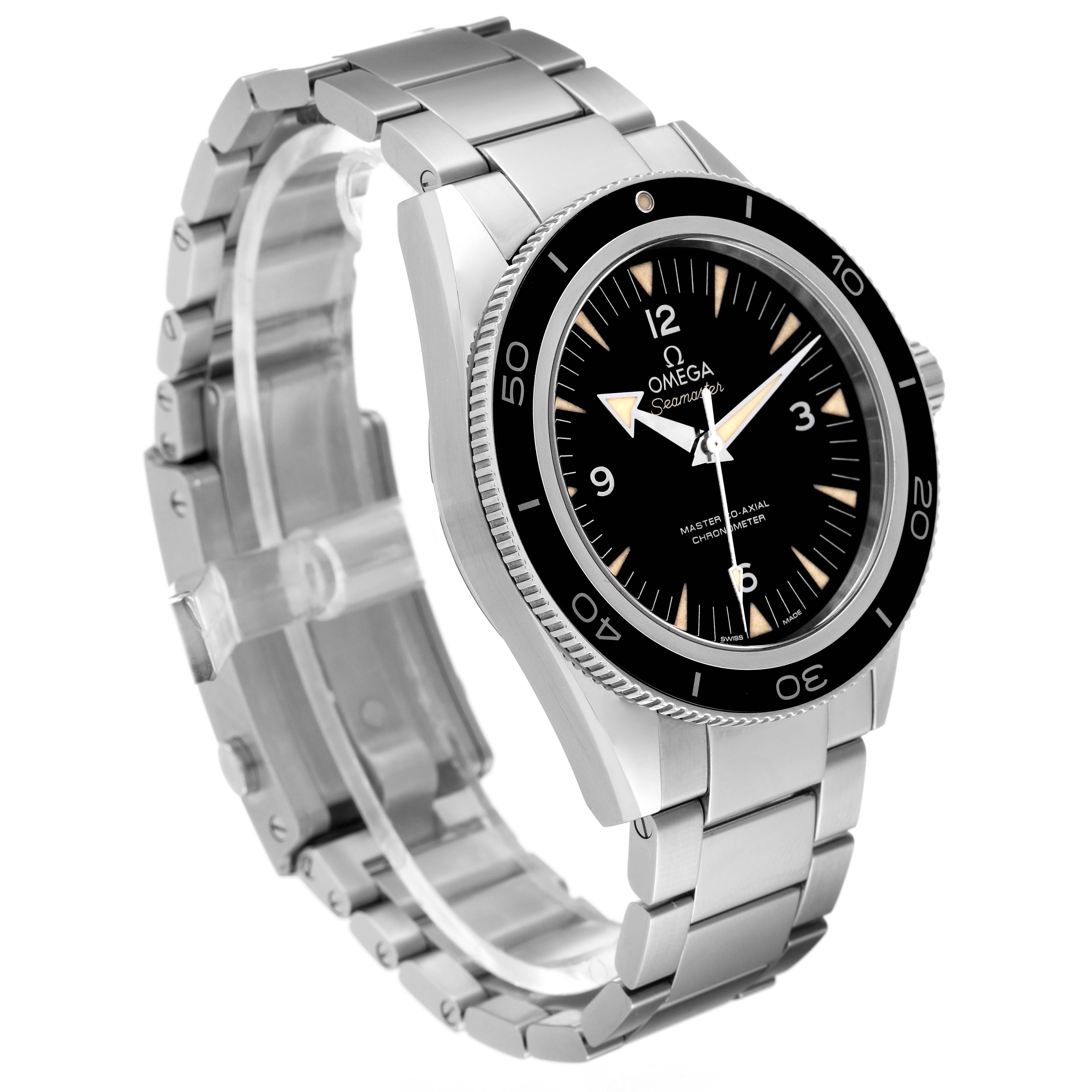 The image shows the Omega Seamaster 233.30.41.21.01.001 Men's Stainless Steel Black Dial 233.30.41.21.01.001 Men's Stainless Steel Black Dial watch at a three-quarter angle, highlighting its face, bezel, and bracelet.