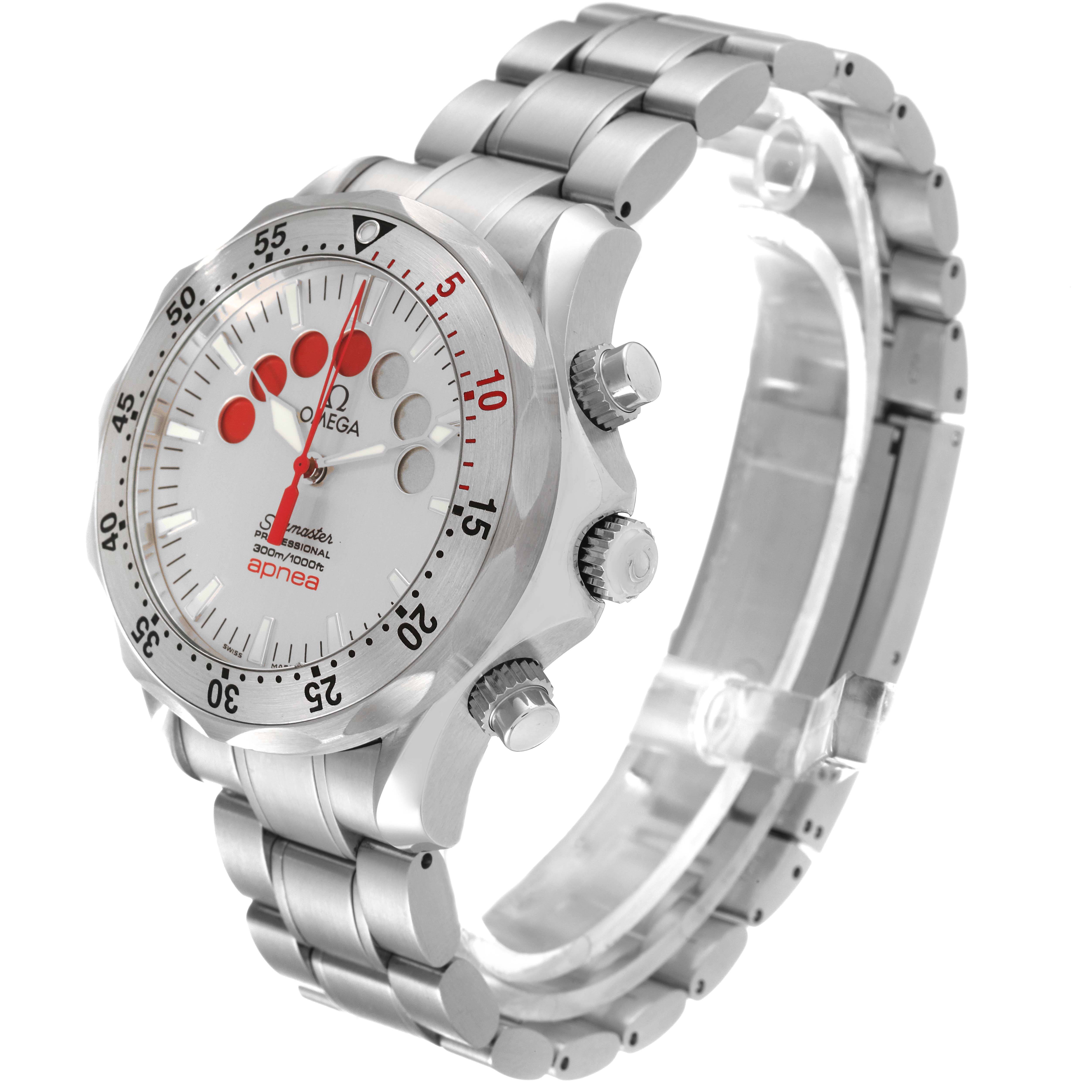 The Omega Seamaster 2595.30.00 Men's Stainless Steel Silver Dial 2595.30.00 Men's Stainless Steel Silver Dial watch is shown at a three-quarter angle, highlighting the dial, bezel, buttons, and stainless steel bracelet.