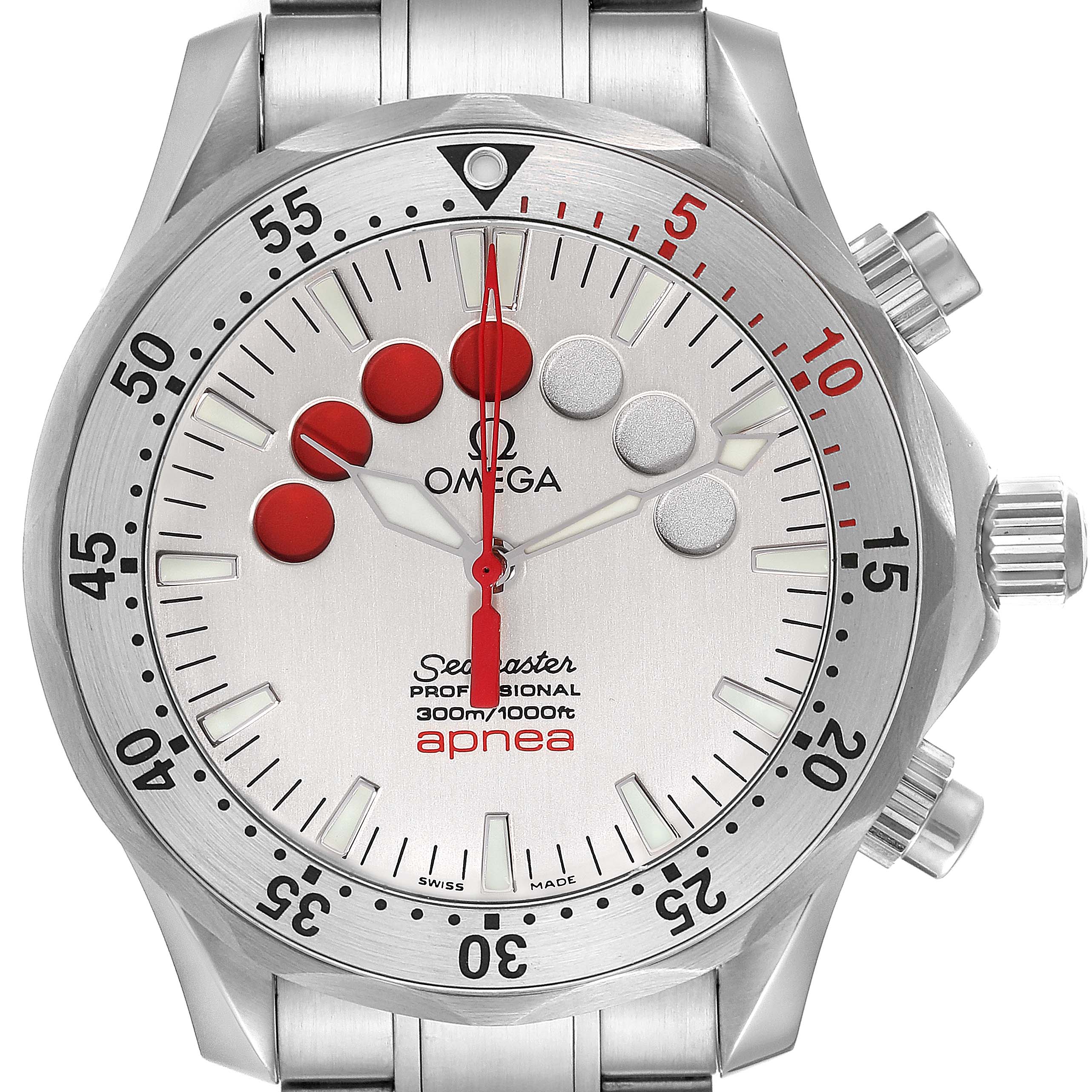 This image shows the front view of the Omega Seamaster 2595.30.00 Men's Stainless Steel Silver Dial 2595.30.00 Men's Stainless Steel Silver Dial watch, highlighting its dial, bezel, and pushers.