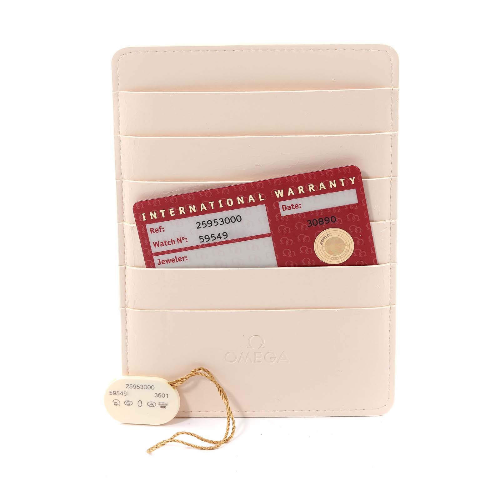 The image shows an Omega Seamaster 2595.30.00 Men's Stainless Steel Silver Dial 2595.30.00 Men's Stainless Steel Silver Dial watch warranty card and certification tag placed in a cream-colored cardholder with the Omega logo.