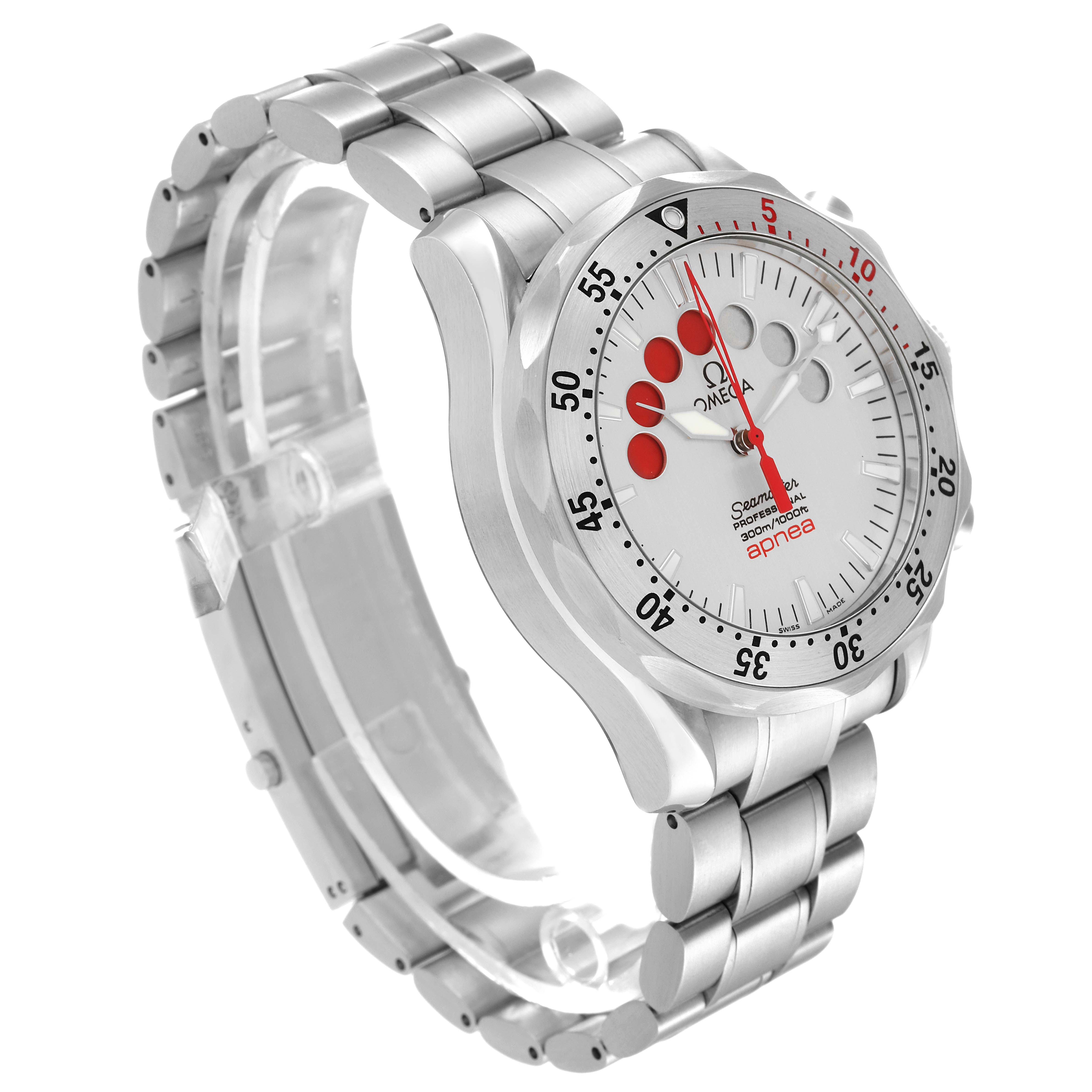 The Omega Seamaster 2595.30.00 Men's Stainless Steel Silver Dial 2595.30.00 Men's Stainless Steel Silver Dial watch is shown at a three-quarter angle, highlighting the dial, bezel, and metal bracelet.