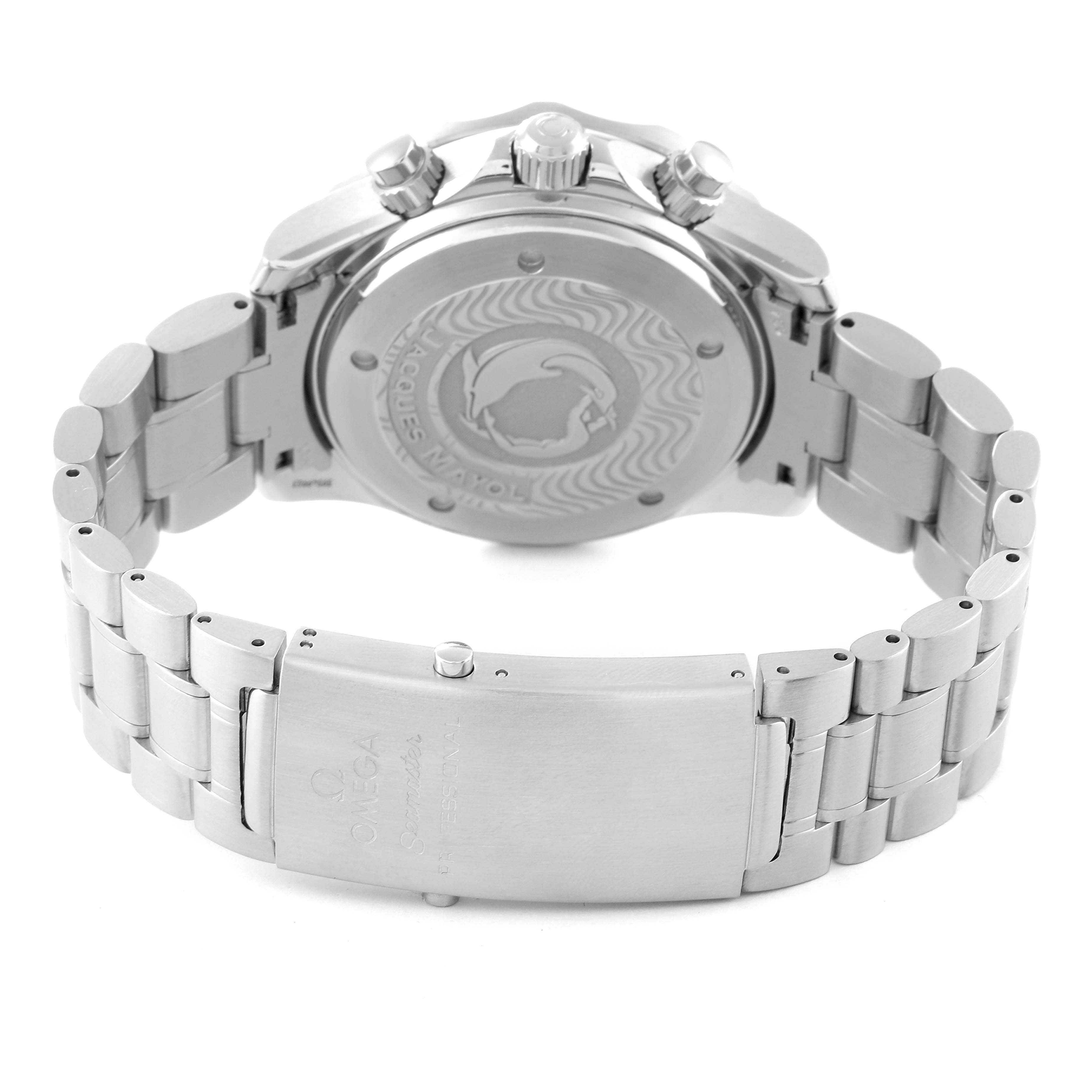 The image shows the back and clasp of an Omega Seamaster 2595.30.00 Men's Stainless Steel Silver Dial 2595.30.00 Men's Stainless Steel Silver Dial watch with its stainless steel bracelet.