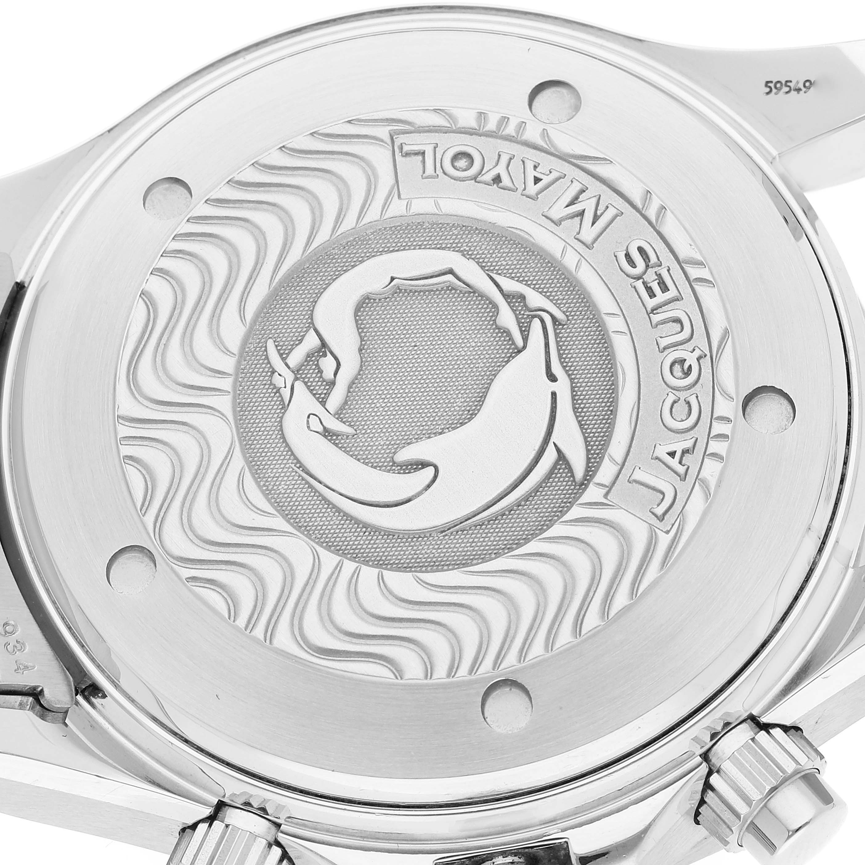 This image shows the engraved case back of an Omega Seamaster 2595.30.00 Men's Stainless Steel Silver Dial 2595.30.00 Men's Stainless Steel Silver Dial watch, viewed from a flat, close-up angle.