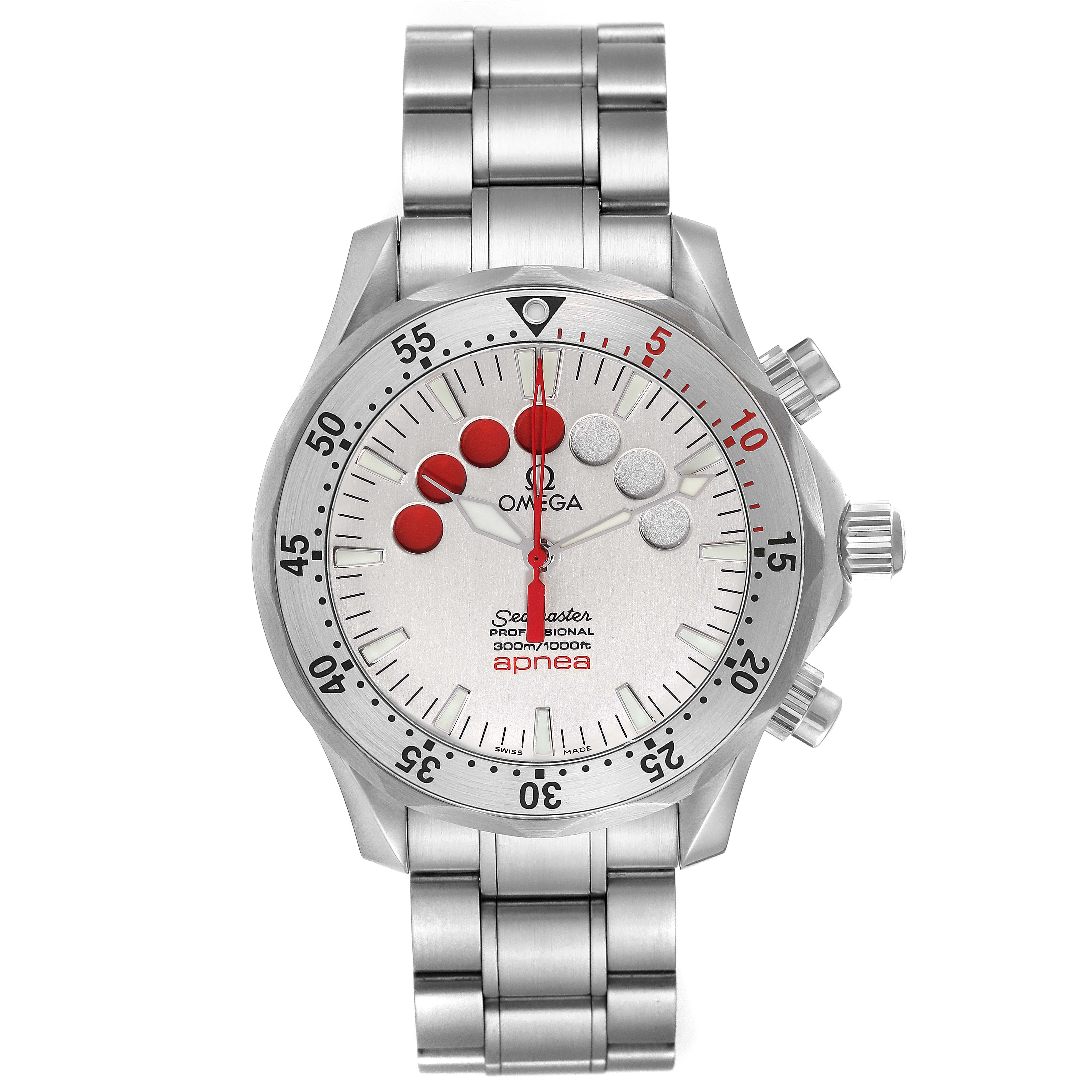 The image shows a front view of the Omega Seamaster 2595.30.00 Men's Stainless Steel Silver Dial 2595.30.00 Men's Stainless Steel Silver Dial Apnea model watch, highlighting its dial, bezel, and metal bracelet.