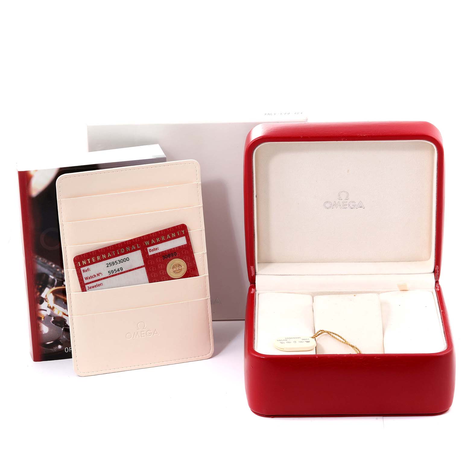 The image shows an Omega Seamaster 2595.30.00 Men's Stainless Steel Silver Dial 2595.30.00 Men's Stainless Steel Silver Dial watch box, international warranty card, and documentation.