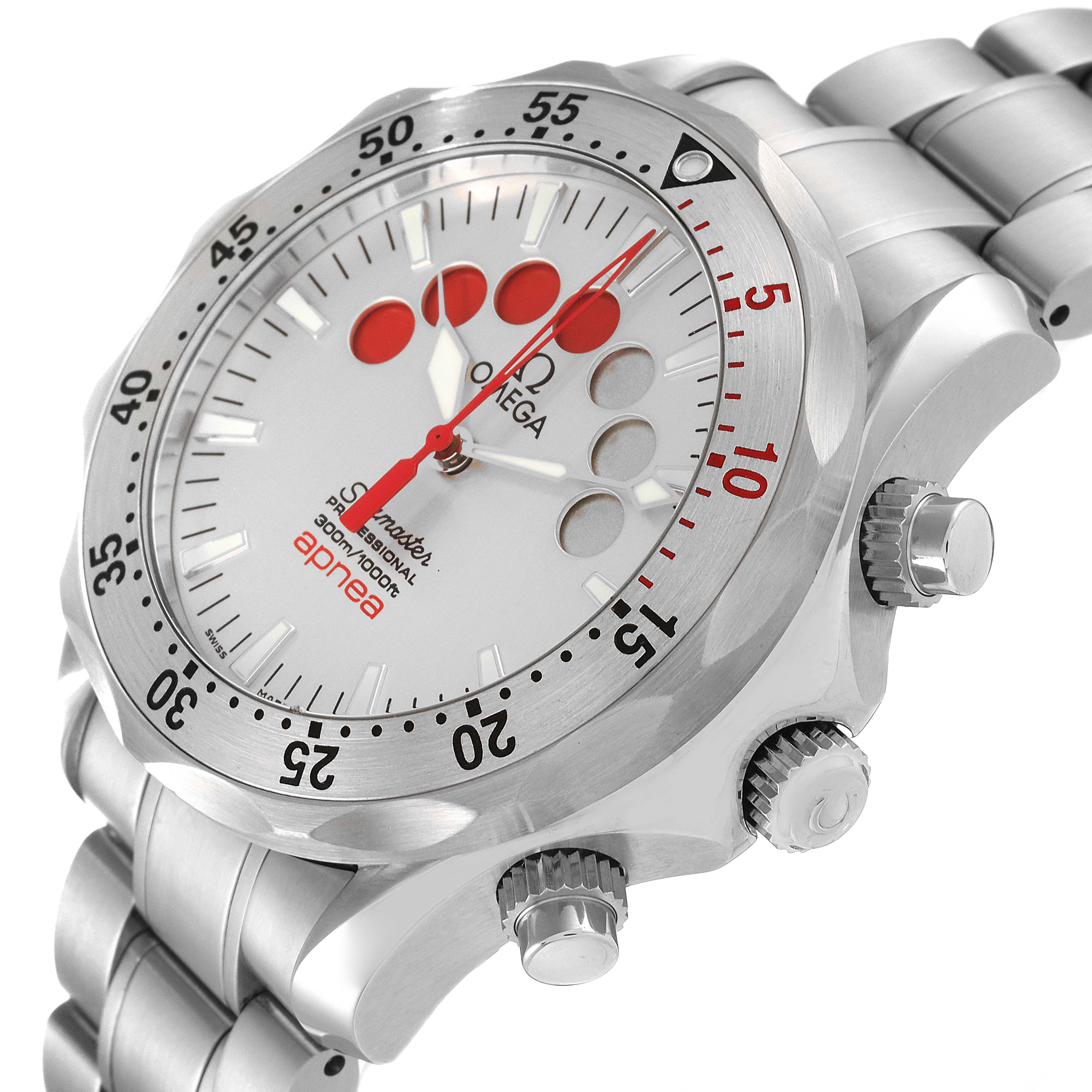 The image shows a close-up, angled view of an Omega Seamaster 2595.30.00 Men's Stainless Steel Silver Dial 2595.30.00 Men's Stainless Steel Silver Dial watch, highlighting its bezel, dial, and crown.