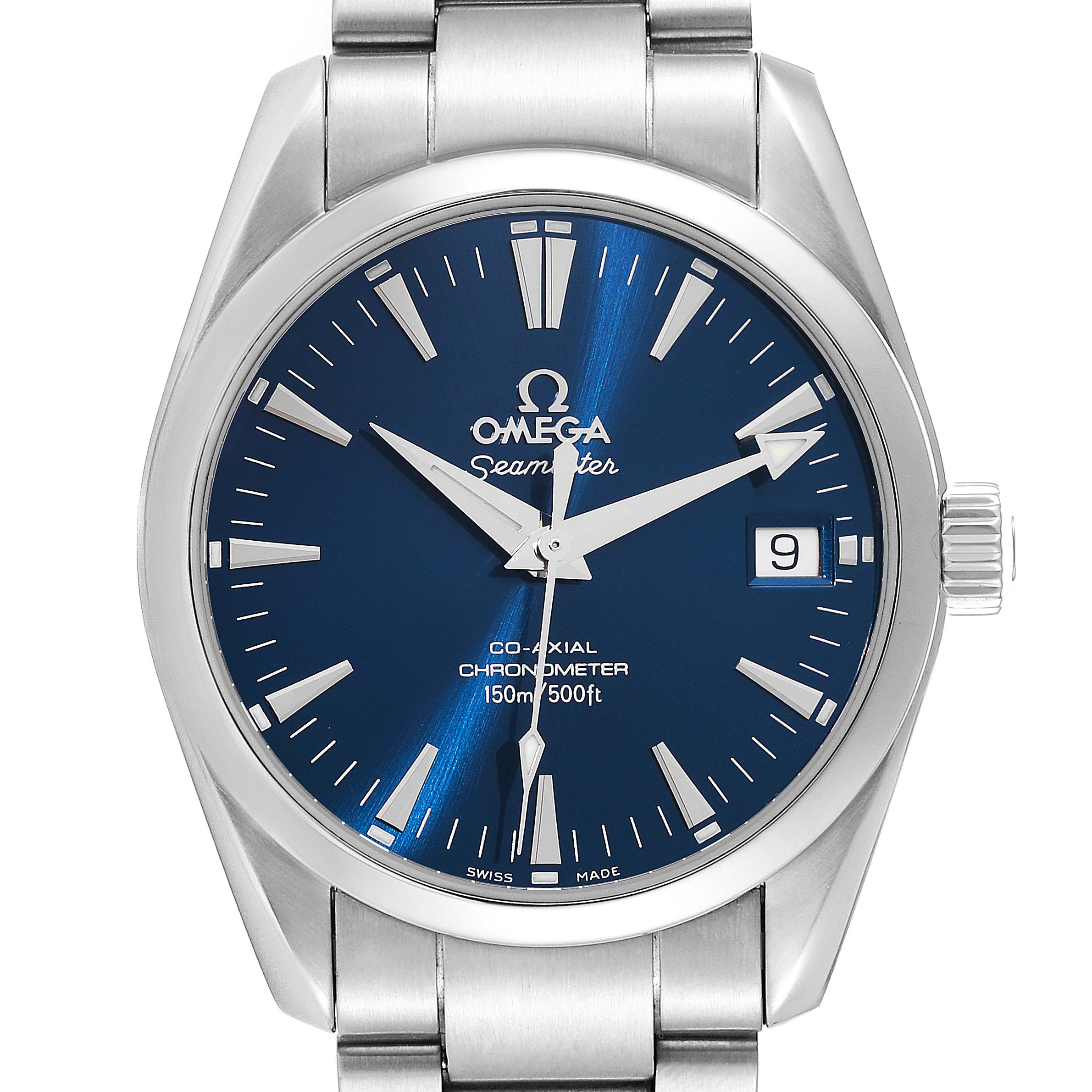 This image shows a front view of the Omega Aqua Terra 2504.80.00 Men
s Stainless Steel Blue Dial 2504.80.00 Men
s Stainless Steel Blue Dial model watch, highlighting the dial, bezel, crown, and part of the bracelet.