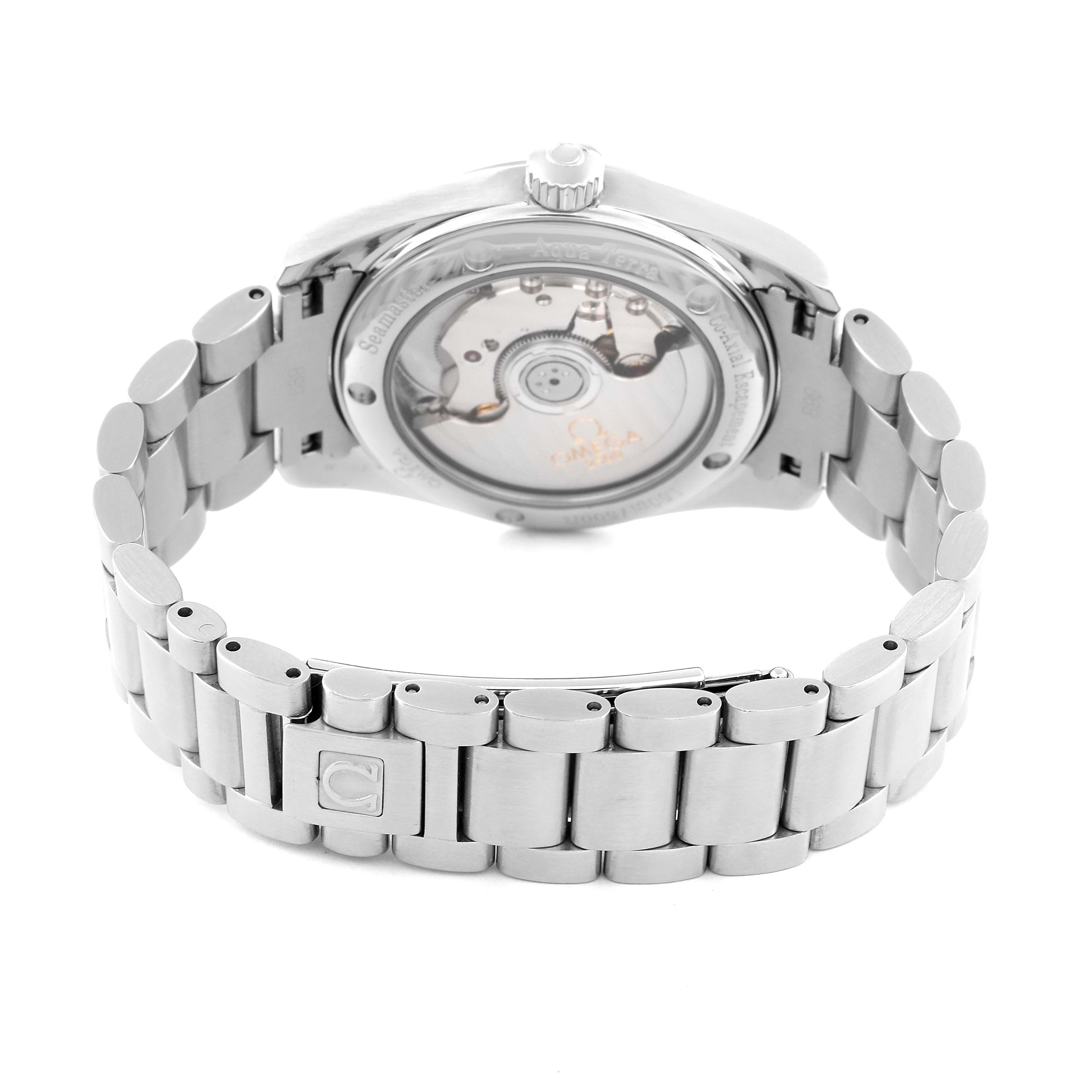 The image shows the back view of the Omega Aqua Terra 2504.80.00 Men
s Stainless Steel Blue Dial 2504.80.00 Men
s Stainless Steel Blue Dial watch, highlighting its stainless steel bracelet and automatic movement mechanism.