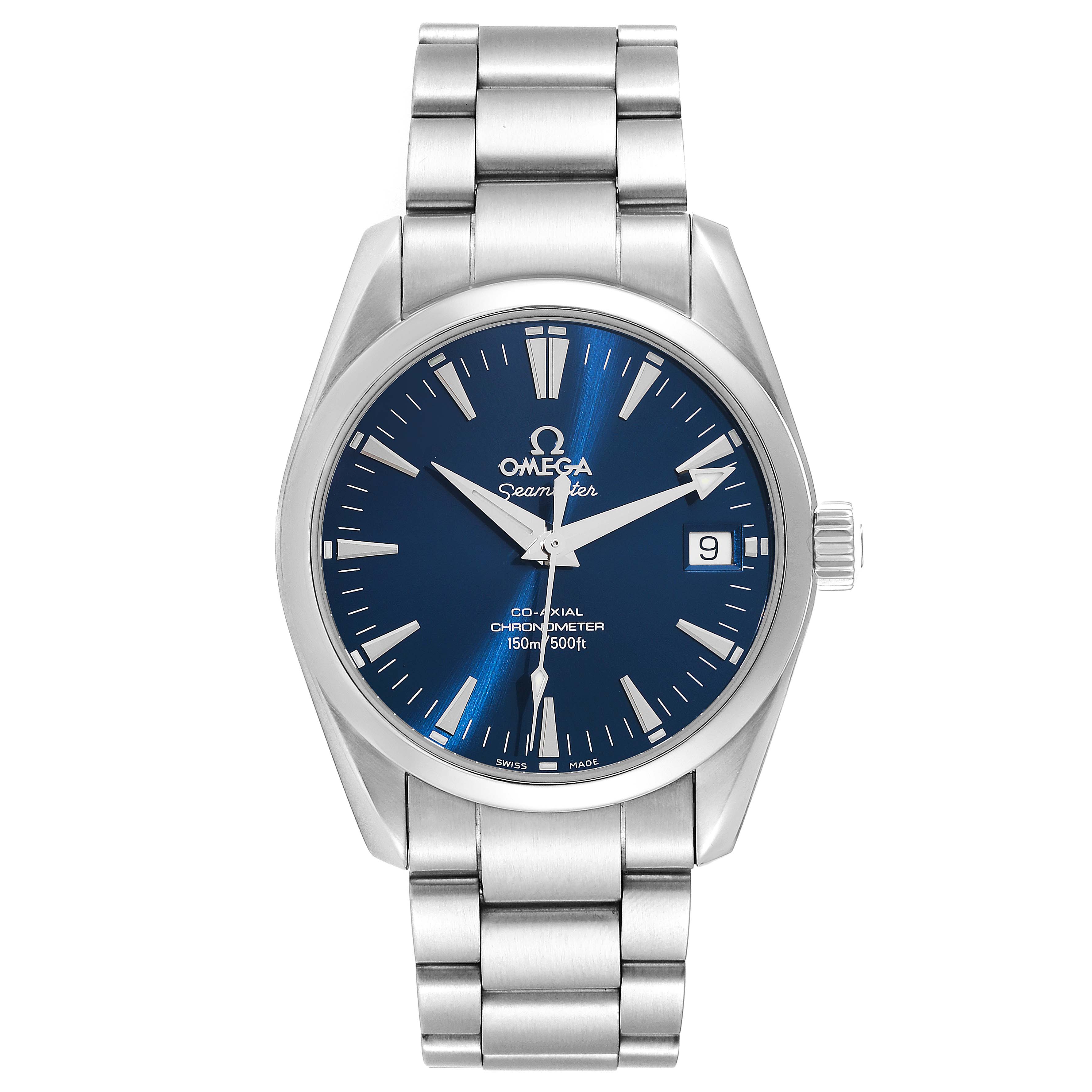 The Omega Aqua Terra 2504.80.00 Men
s Stainless Steel Blue Dial 2504.80.00 Men
s Stainless Steel Blue Dial watch is shown from the front, highlighting its blue dial, silver hands, and bracelet.