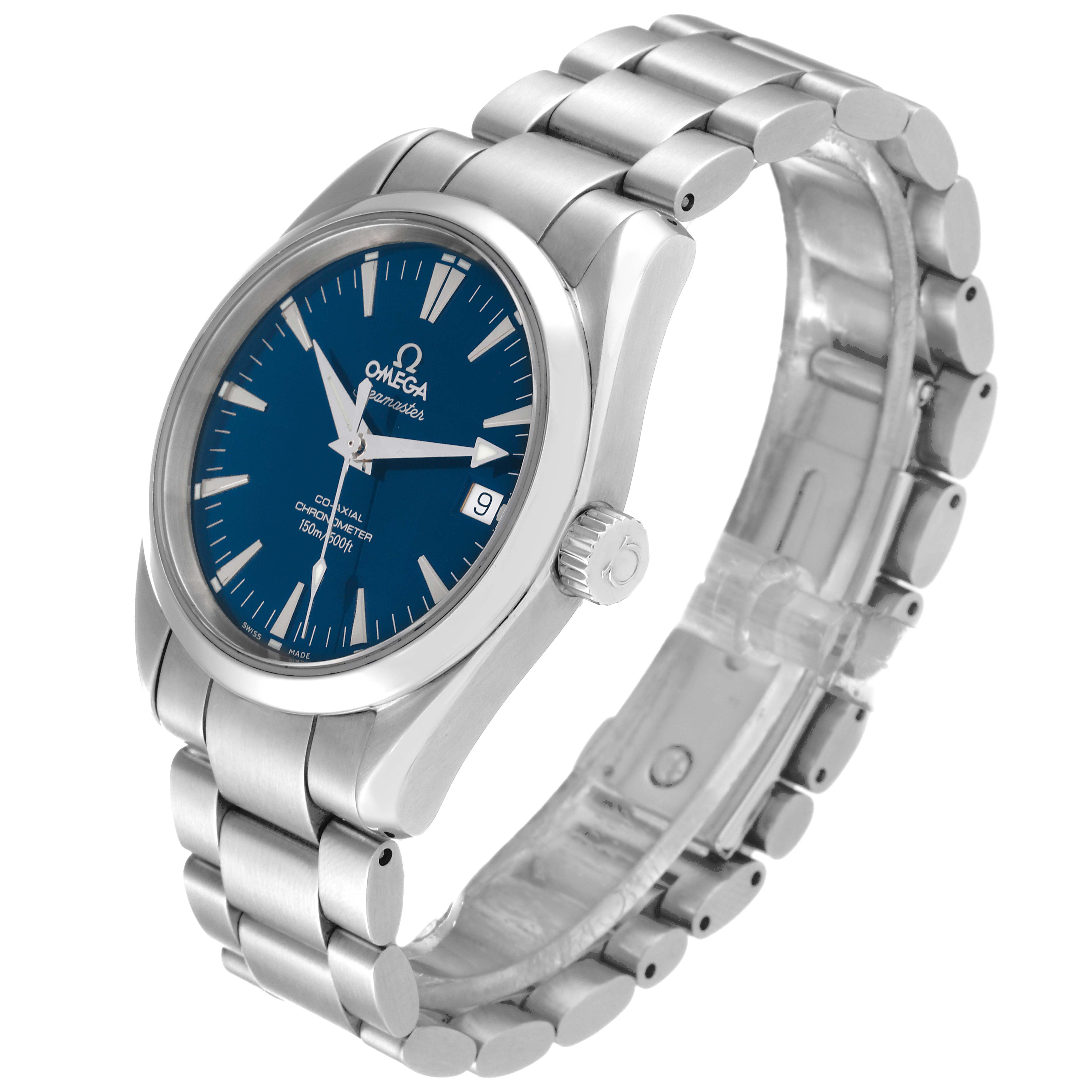 The image shows an Omega Aqua Terra 2504.80.00 Men
s Stainless Steel Blue Dial 2504.80.00 Men
s Stainless Steel Blue Dial watch at a three-quarter angle, highlighting its blue dial, stainless steel case, and bracelet.