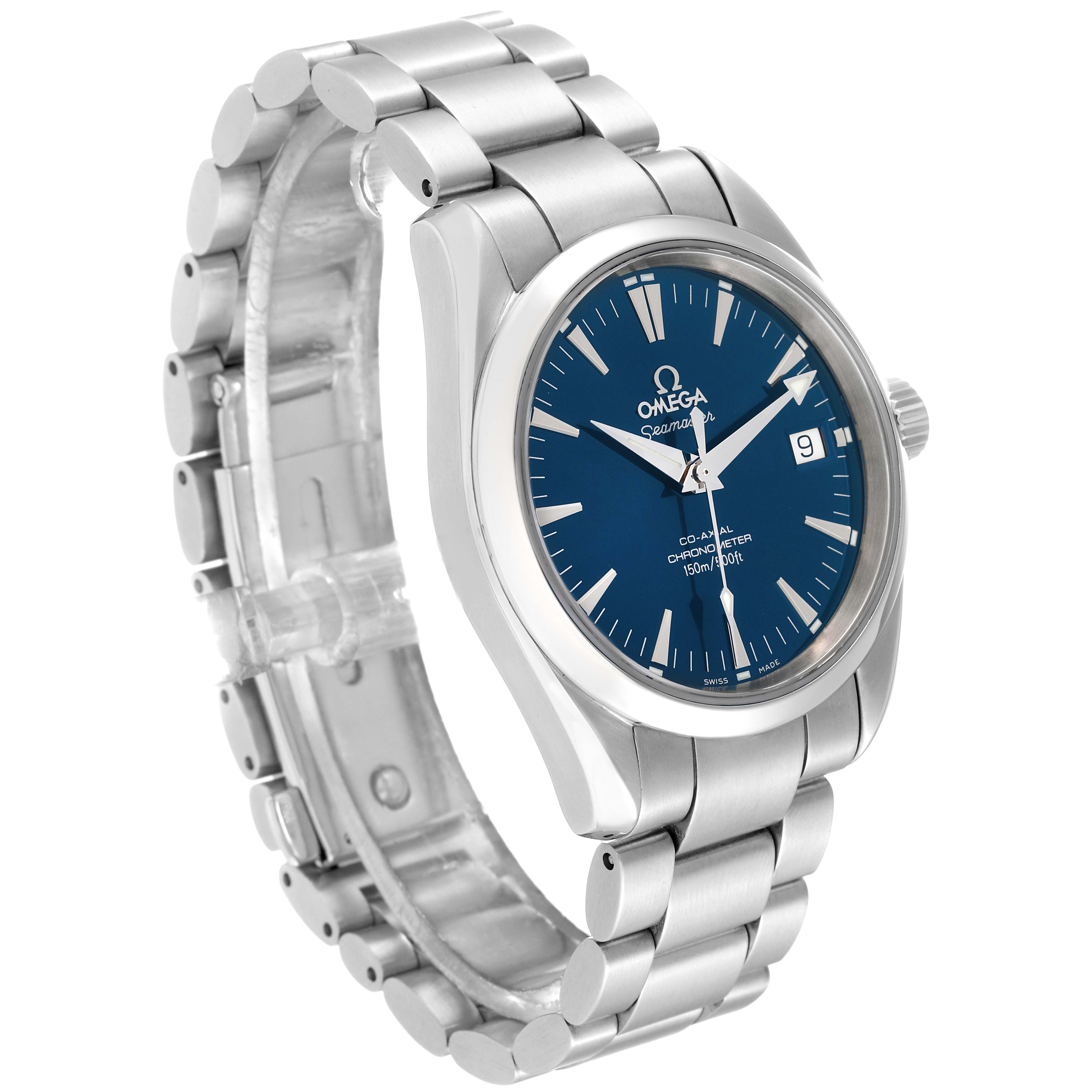 The Omega Aqua Terra 2504.80.00 Men
s Stainless Steel Blue Dial 2504.80.00 Men
s Stainless Steel Blue Dial watch is shown from a three-quarter angle featuring its blue dial and steel bracelet.