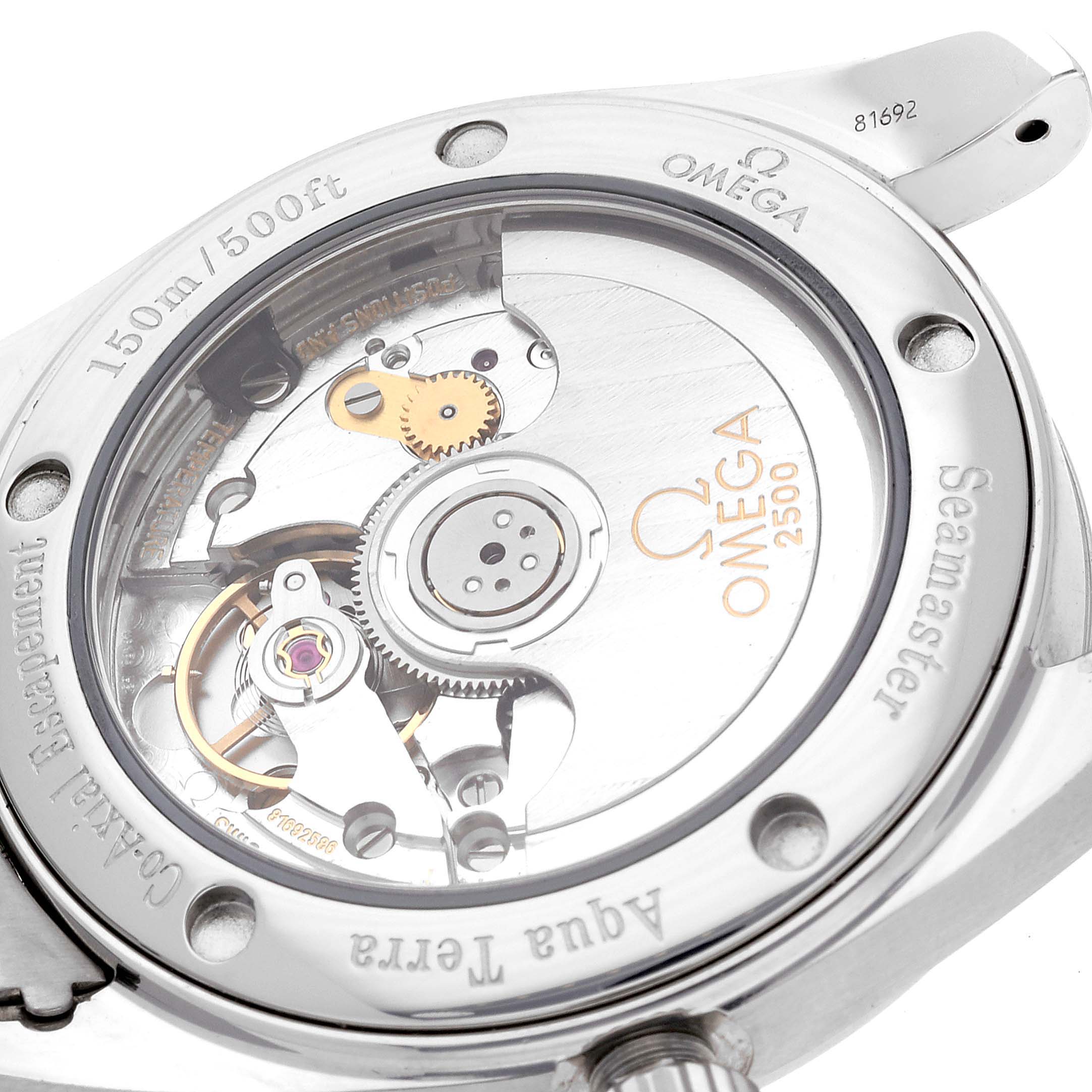 This image shows the back case of the Omega Aqua Terra 2504.80.00 Men
s Stainless Steel Blue Dial 2504.80.00 Men
s Stainless Steel Blue Dial watch, highlighting its exposed movement and engravings.