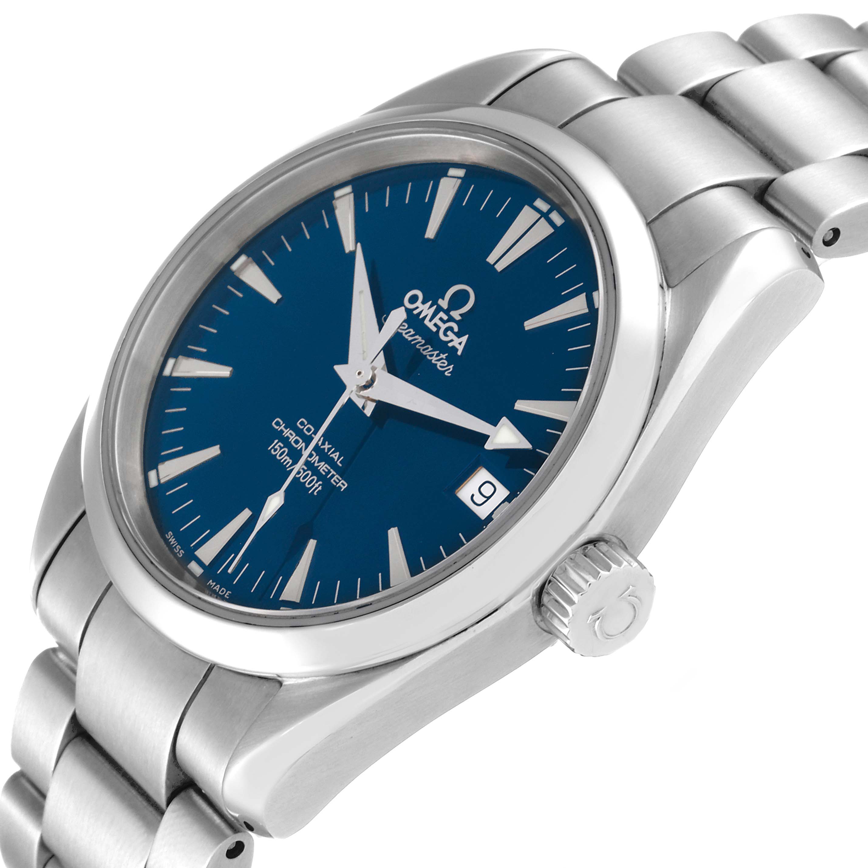 The image shows the Omega Aqua Terra 2504.80.00 Men
s Stainless Steel Blue Dial 2504.80.00 Men
s Stainless Steel Blue Dial watch at an angled close-up, highlighting its dial, crown, and part of the bracelet.