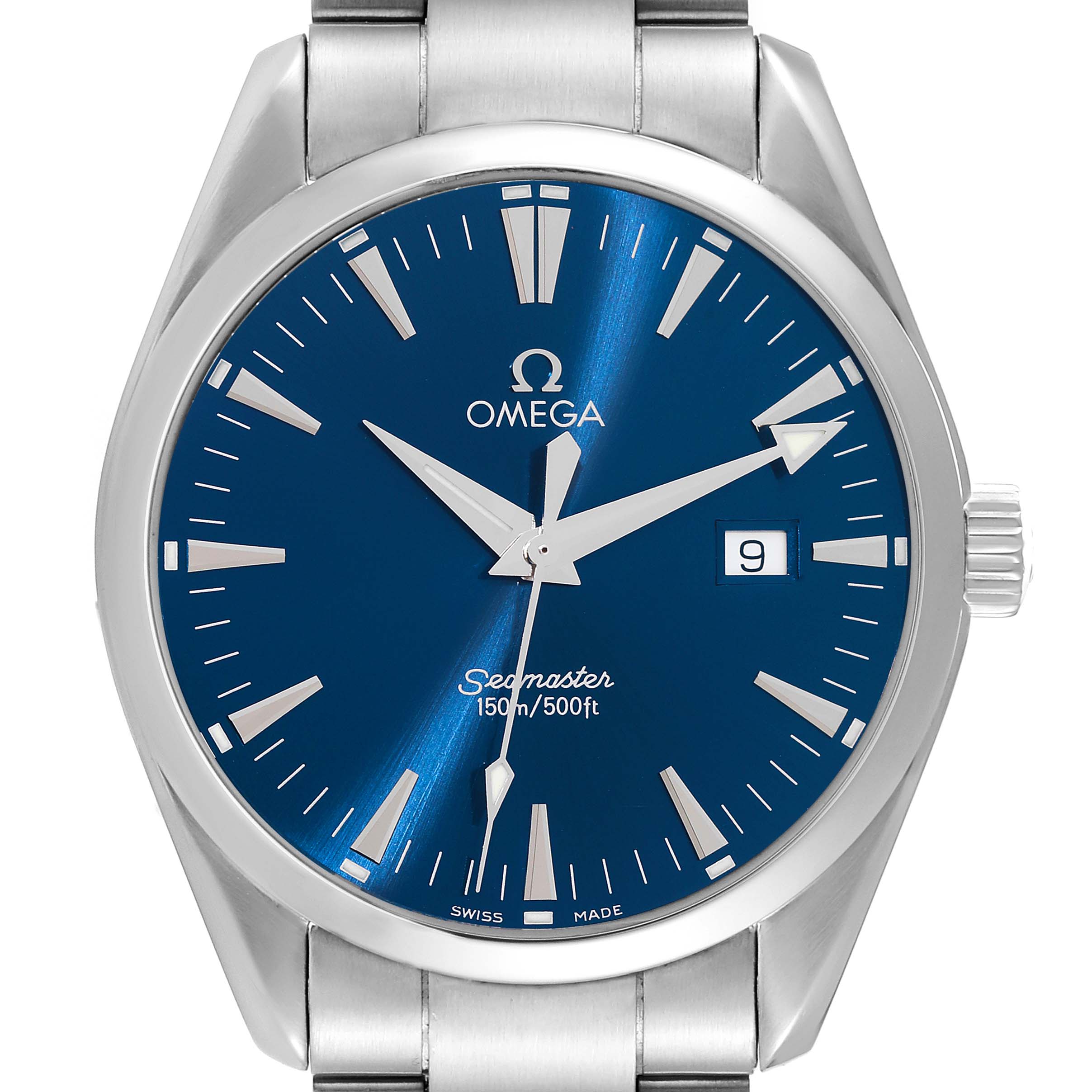 The image shows a front view of the Omega Aqua Terra 2517.80.00 Men
s Stainless Steel Blue Dial 2517.80.00 Men
s Stainless Steel Blue Dial watch, highlighting its blue dial and date display.