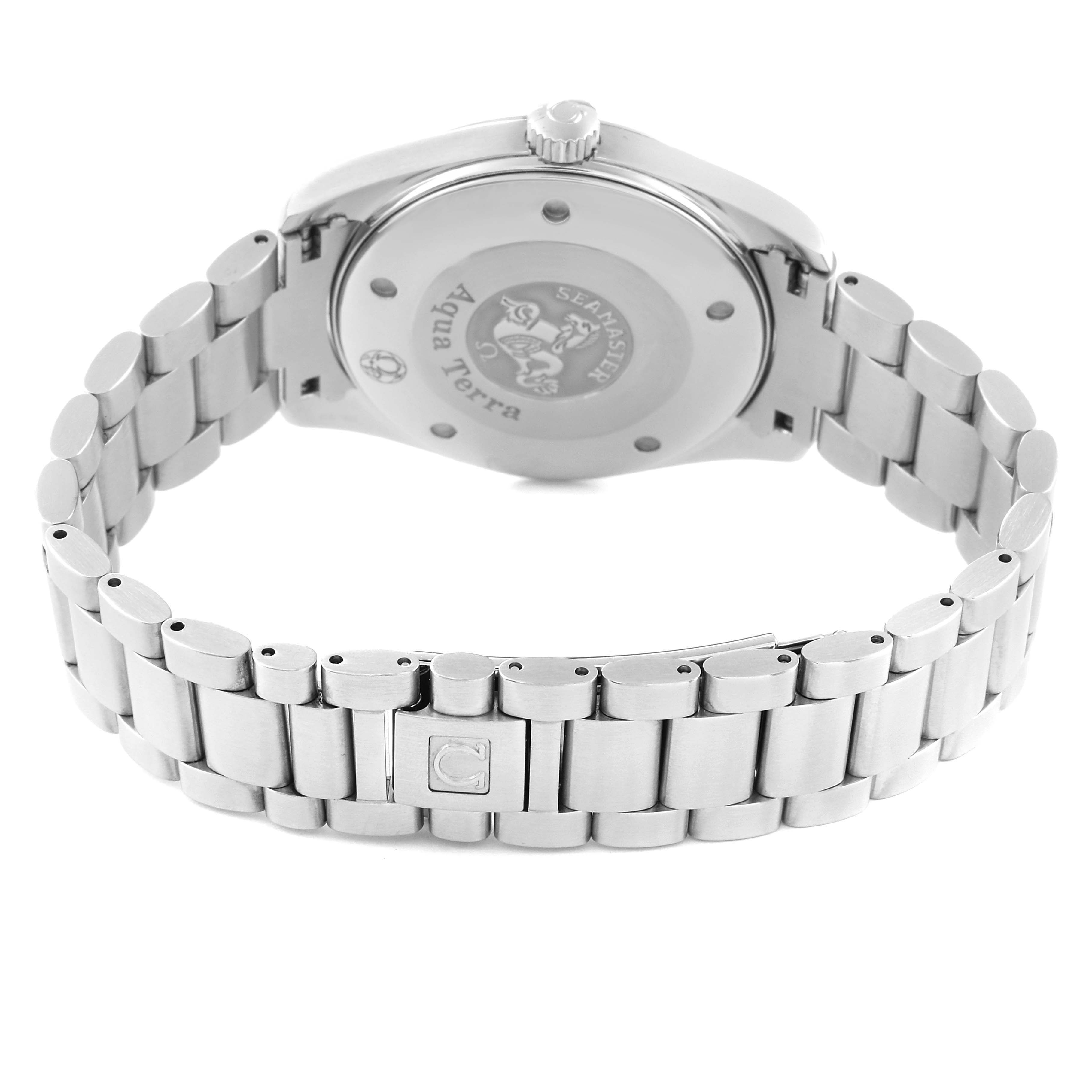 This image shows the back case and stainless steel bracelet of the Omega Aqua Terra 2517.80.00 Men
s Stainless Steel Blue Dial 2517.80.00 Men
s Stainless Steel Blue Dial watch from a rear angle.