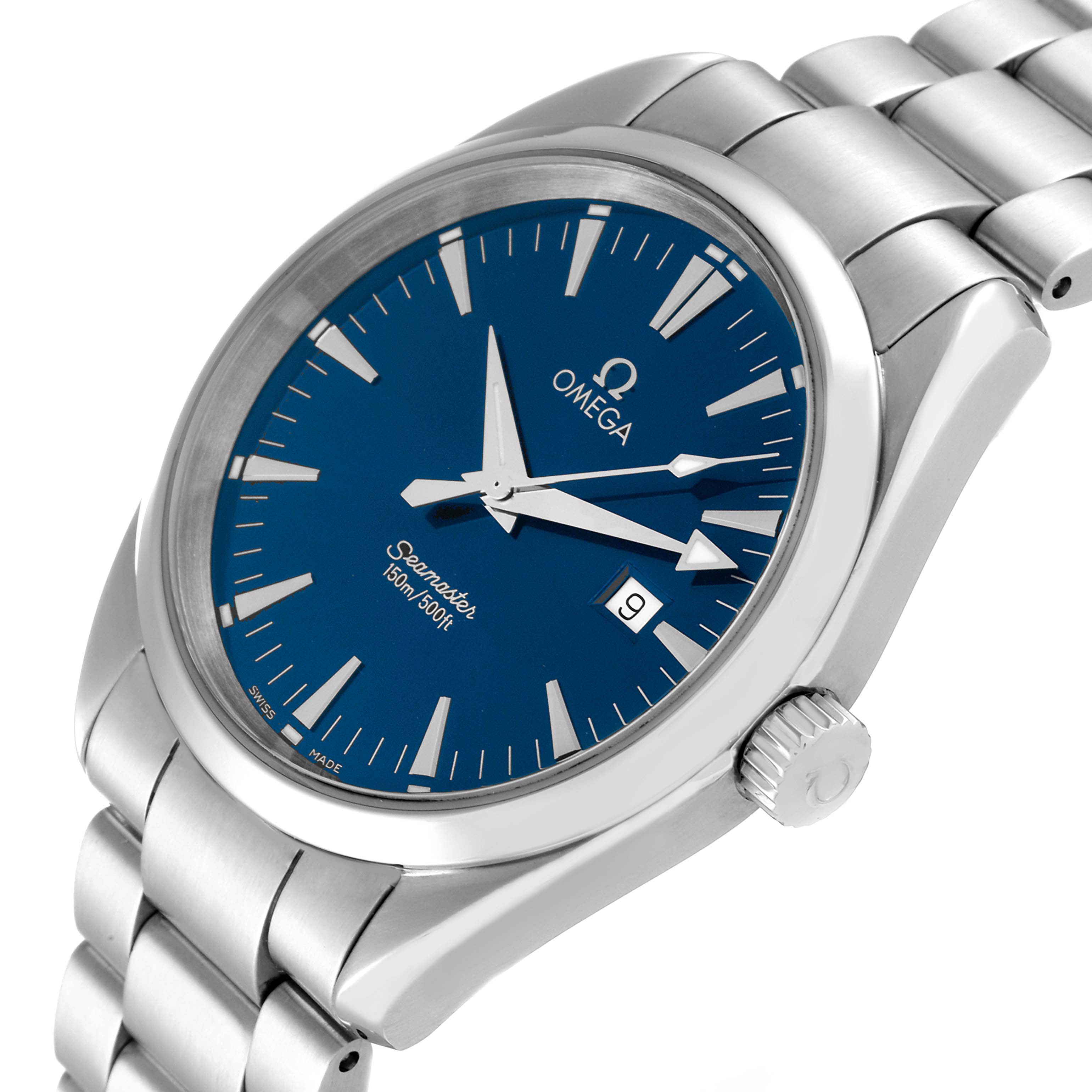 The Omega Aqua Terra 2517.80.00 Men
s Stainless Steel Blue Dial 2517.80.00 Men
s Stainless Steel Blue Dial watch is shown at a slight angle, displaying its blue dial, stainless steel case, and bracelet.