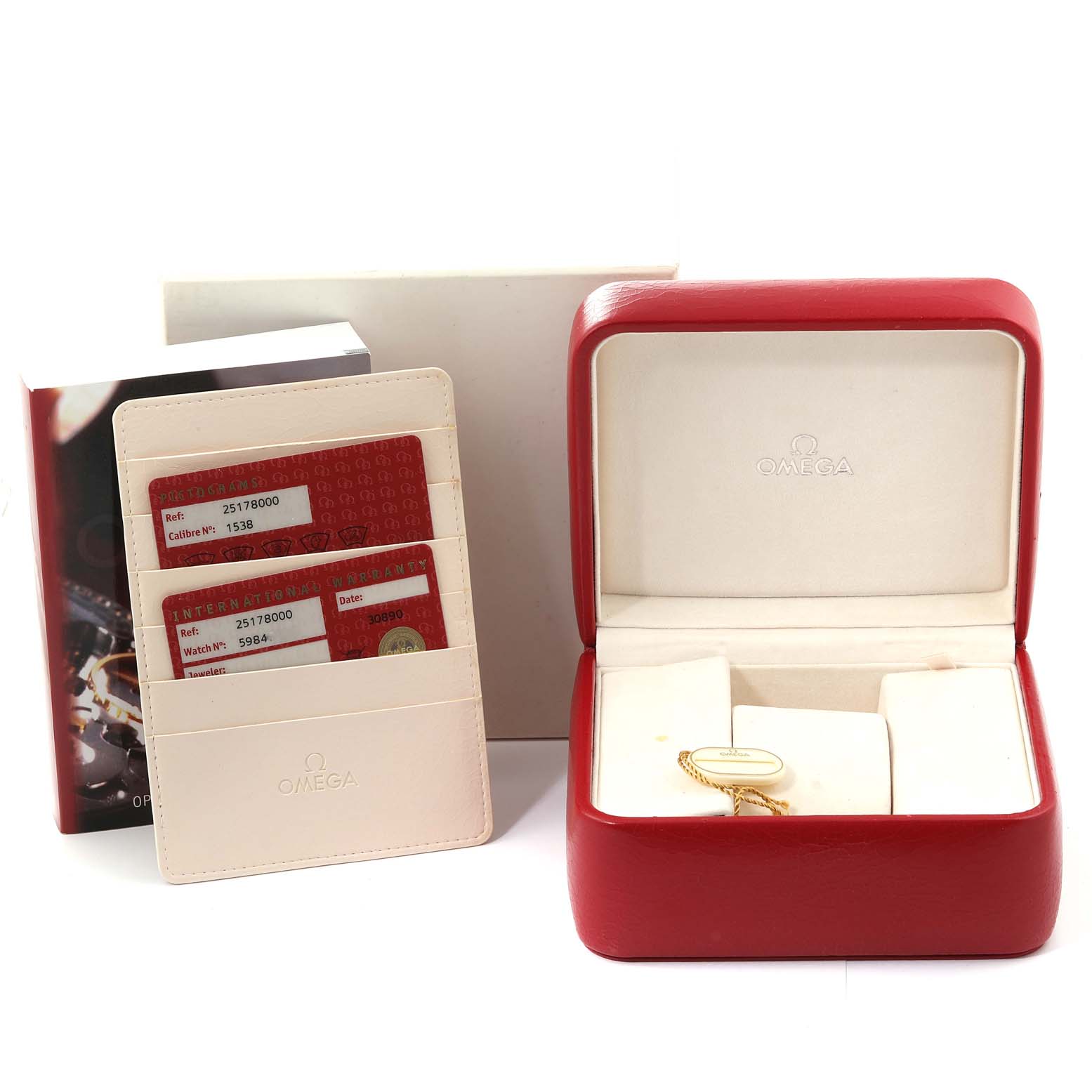 The image shows a red Omega Aqua Terra 2517.80.00 Men
s Stainless Steel Blue Dial 2517.80.00 Men
s Stainless Steel Blue Dial watch box, warranty cards, a booklet, and a white box, viewed from the front.