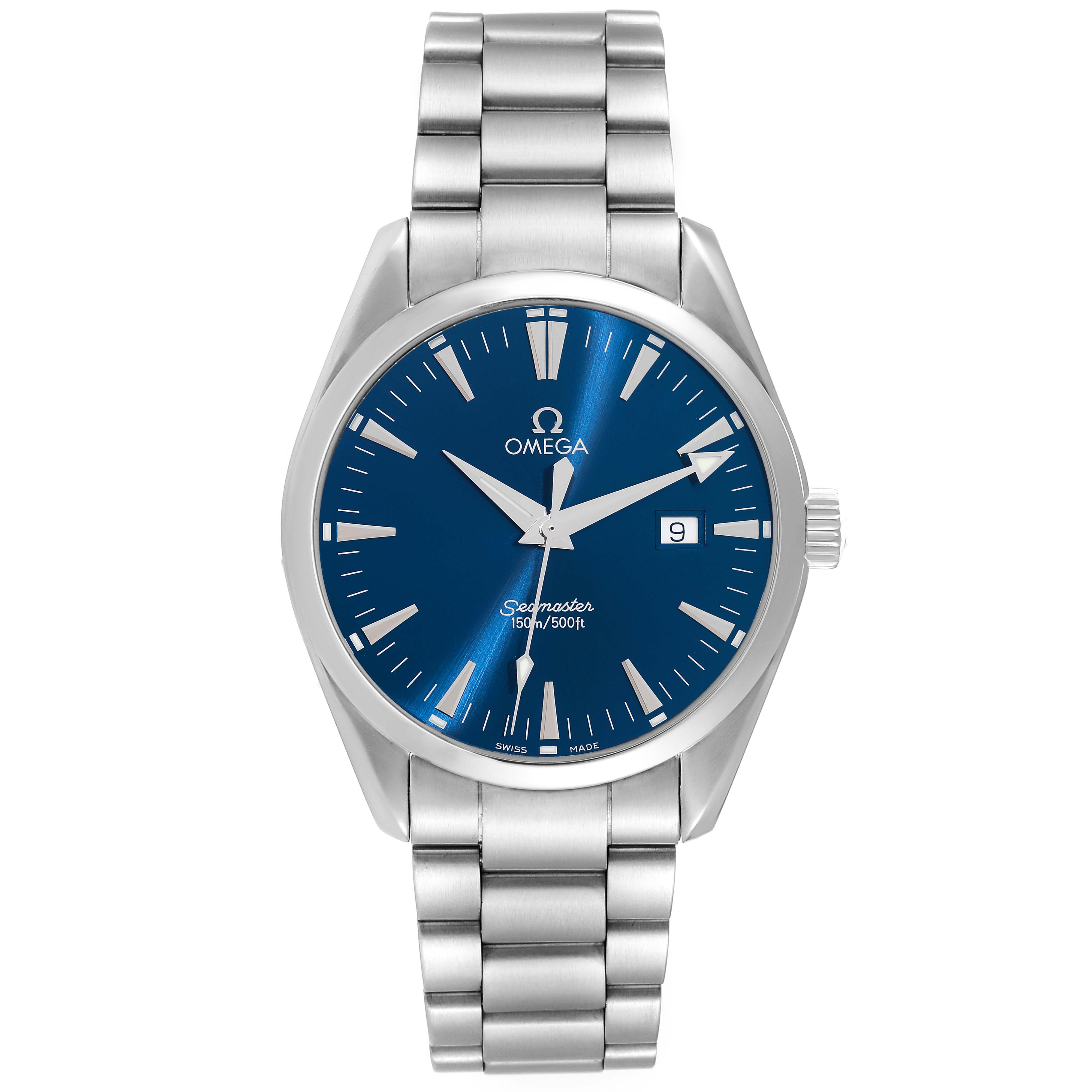 The image shows a front view of an Omega Aqua Terra 2517.80.00 Men
s Stainless Steel Blue Dial 2517.80.00 Men
s Stainless Steel Blue Dial Seamaster watch, highlighting its blue dial, stainless steel bracelet, and date window.
