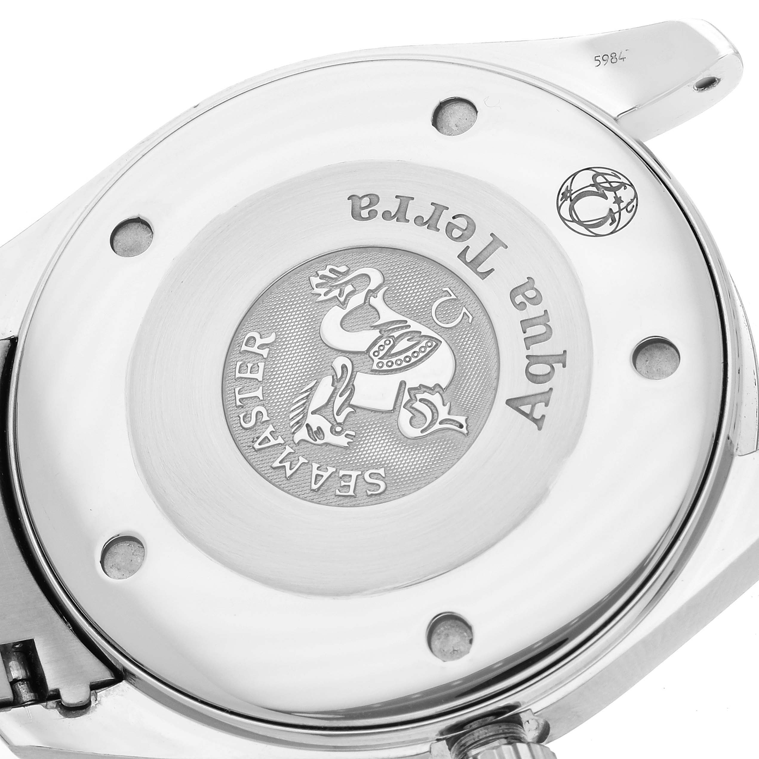 The image shows the case back of an Omega Aqua Terra 2517.80.00 Men
s Stainless Steel Blue Dial 2517.80.00 Men
s Stainless Steel Blue Dial watch, featuring the Seamaster logo and model inscription.