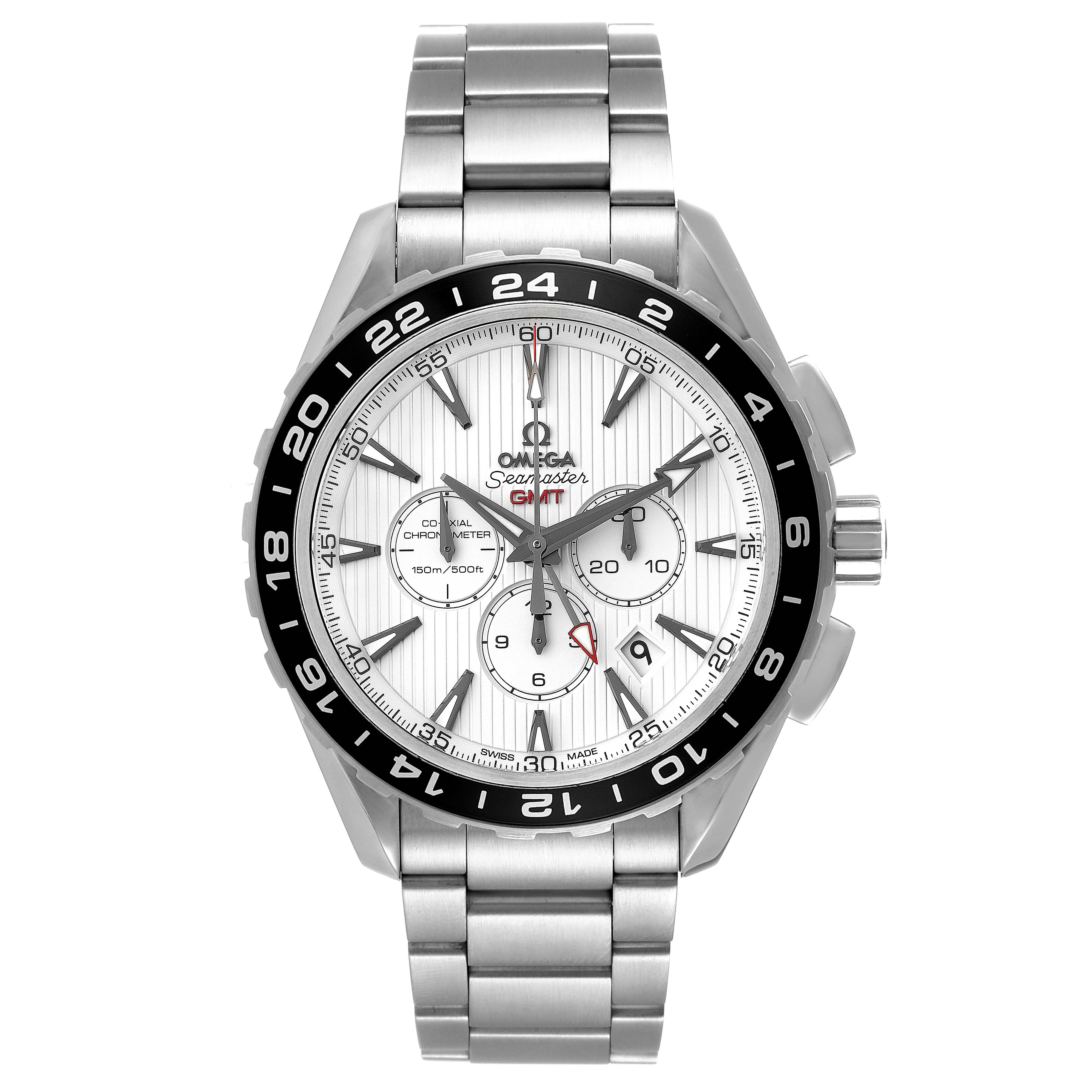 The Omega Aqua Terra 231.10.44.52.04.001 Men
s Stainless Steel White Dial 231.10.44.52.04.001 Men
s Stainless Steel White Dial watch is shown from a front angle, displaying its dial, bezel, and stainless steel bracelet.