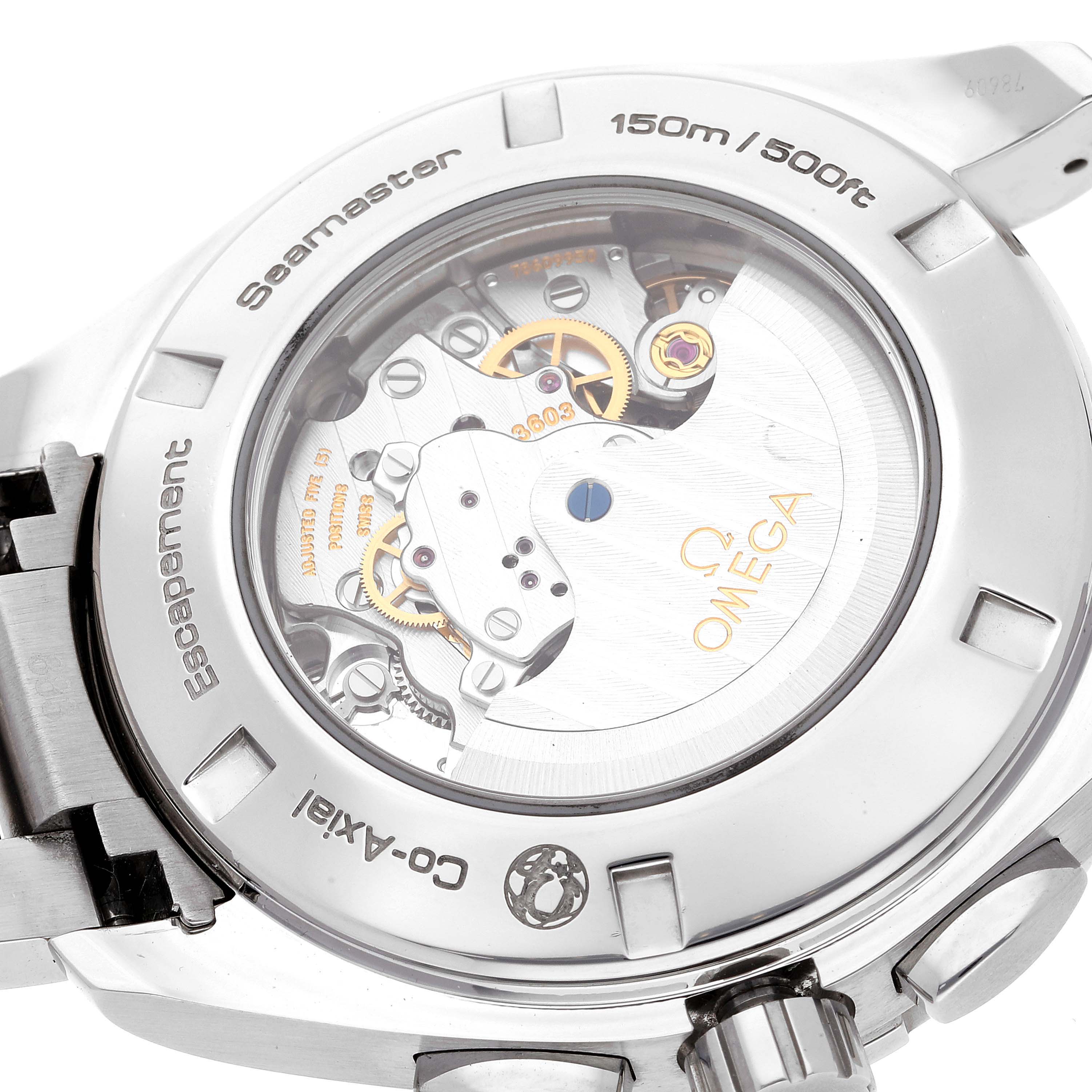 The image shows the back view of an Omega Aqua Terra 231.10.44.52.04.001 Men
s Stainless Steel White Dial 231.10.44.52.04.001 Men
s Stainless Steel White Dial watch, highlighting the movement and internal mechanism.