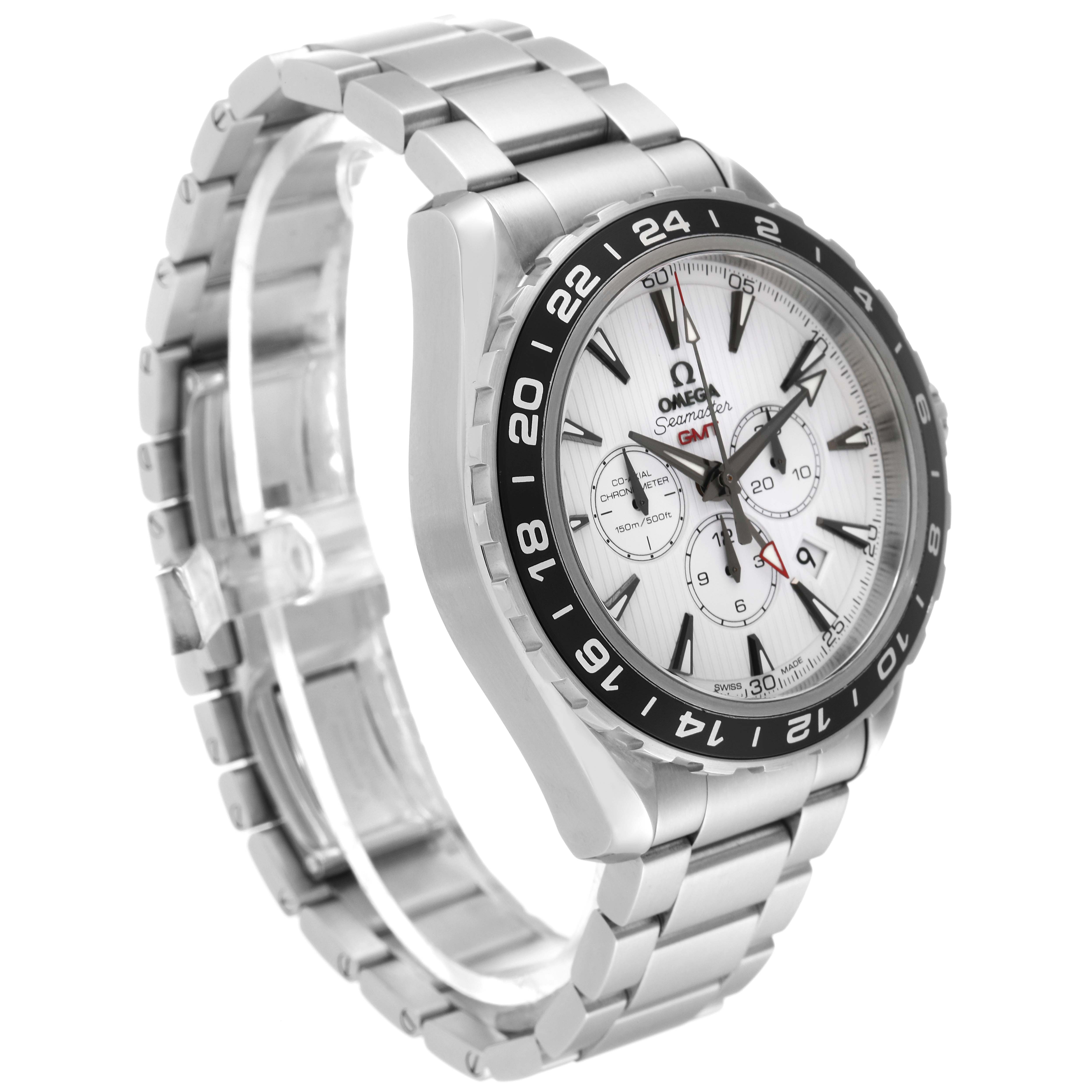 The image shows a side-angle view of the Omega Aqua Terra 231.10.44.52.04.001 Men
s Stainless Steel White Dial 231.10.44.52.04.001 Men
s Stainless Steel White Dial watch, displaying the bracelet, bezel, and face clearly.