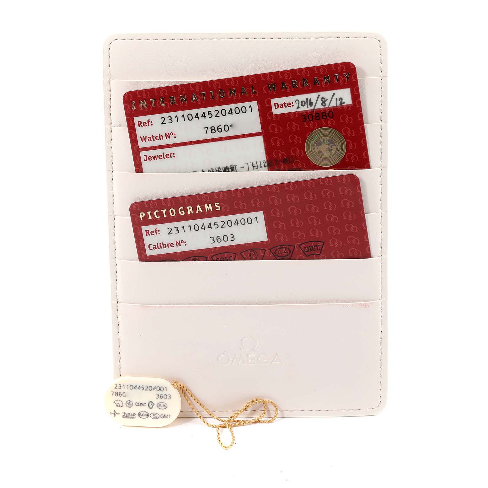 The image shows warranty and pictogram cards along with a tag for the Omega Aqua Terra 231.10.44.52.04.001 Men
s Stainless Steel White Dial 231.10.44.52.04.001 Men
s Stainless Steel White Dial watch, displayed in a white card holder.