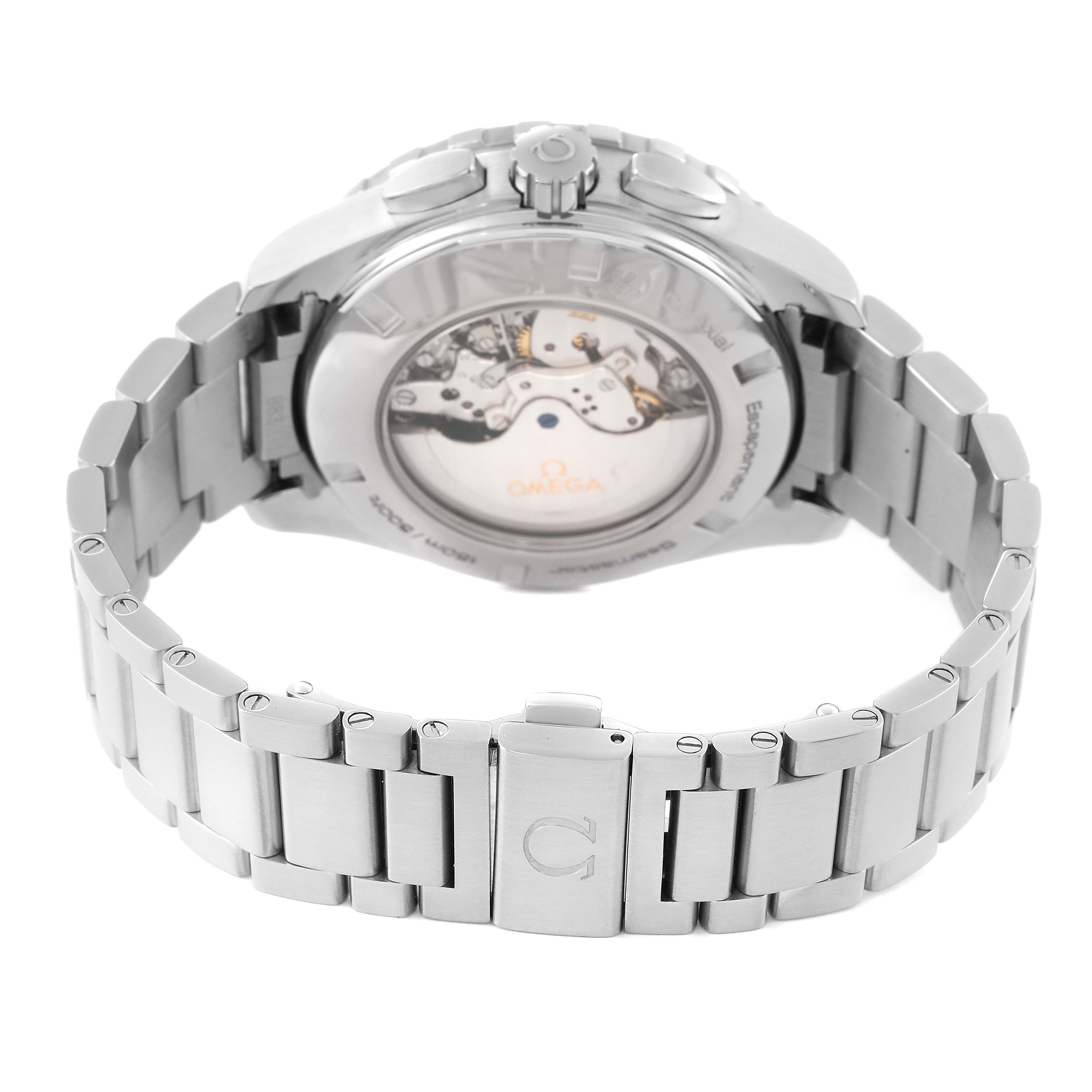 The image shows the back view of an Omega Aqua Terra 231.10.44.52.04.001 Men
s Stainless Steel White Dial 231.10.44.52.04.001 Men
s Stainless Steel White Dial watch, highlighting its transparent case back and metal bracelet.