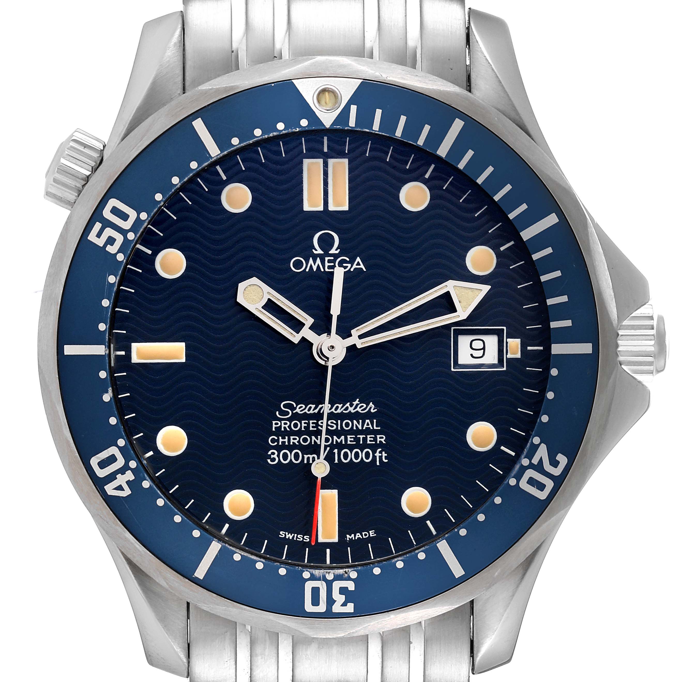 This image shows a front view of the Omega Seamaster 2531.80.00 Men's Stainless Steel Blue Dial 2531.80.00 Men's Stainless Steel Blue Dial watch, featuring its dial, bezel, bracelet, and crown.