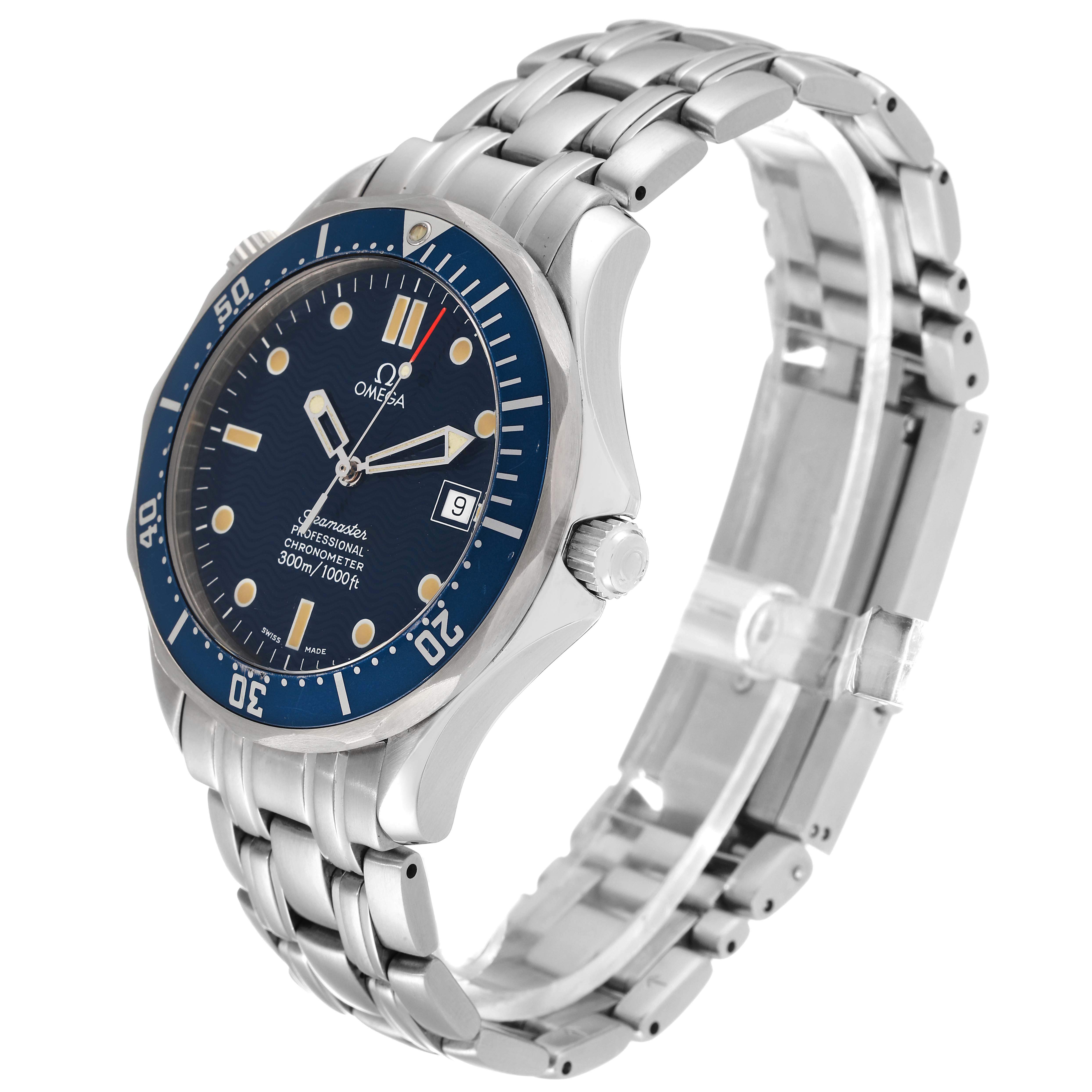 The image shows an Omega Seamaster 2531.80.00 Men's Stainless Steel Blue Dial 2531.80.00 Men's Stainless Steel Blue Dial watch at a three-quarter angle, highlighting the dial, bezel, and bracelet.